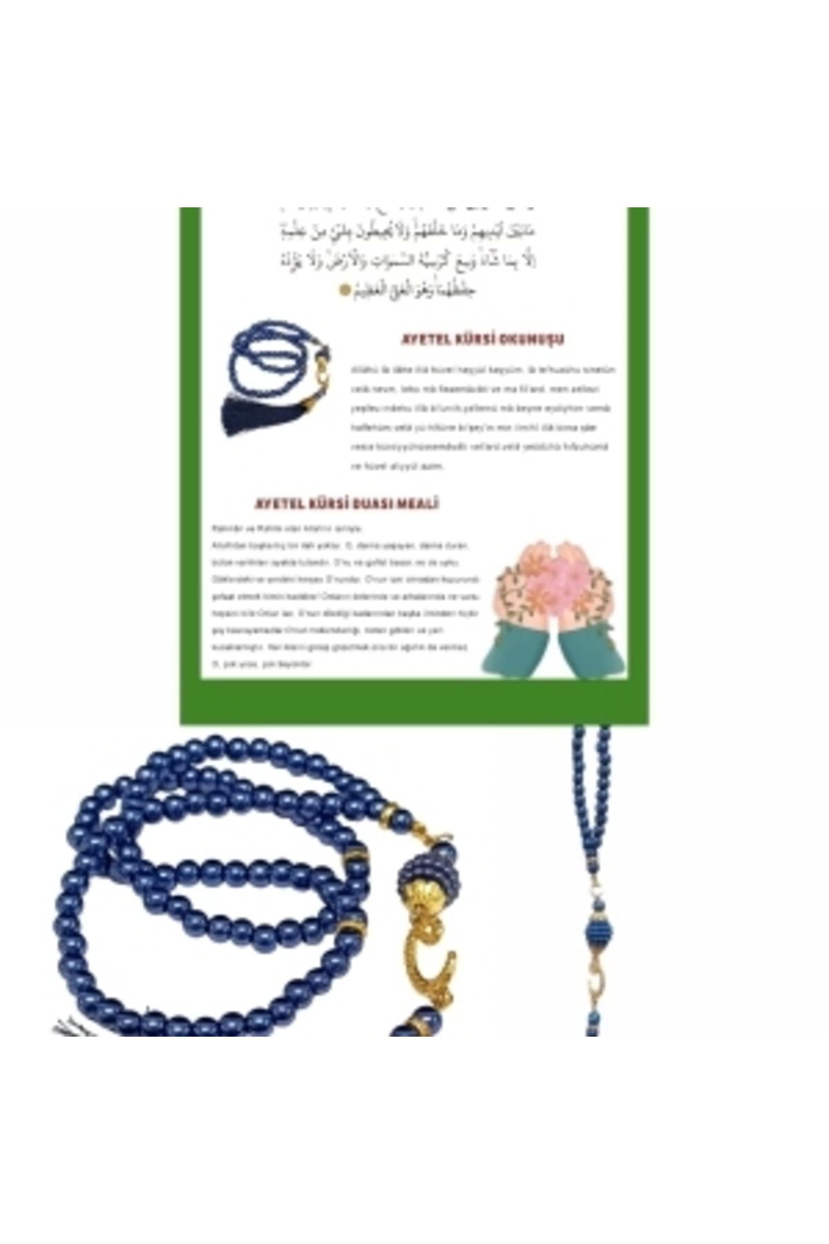 shopwave Namaz Tesbihi Vavlı 99'lu Cam İncili Ayet-el Kürsi Dua Kartı ile Lacivert Renk Hediyelik