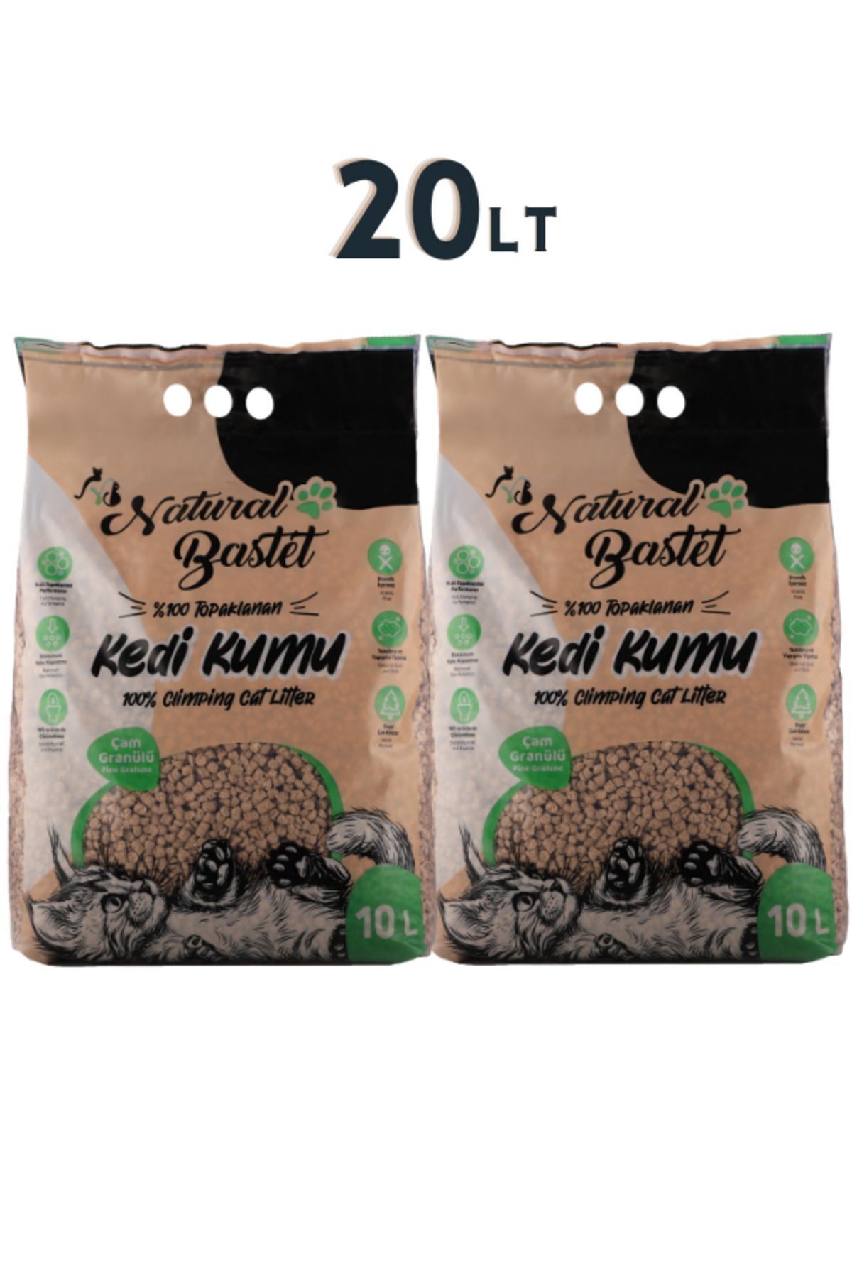 Elioure Natural Bastet Topaklanan %100 Doğal Kokusuz Çam Pelet Kedi Kumu 20 Litre