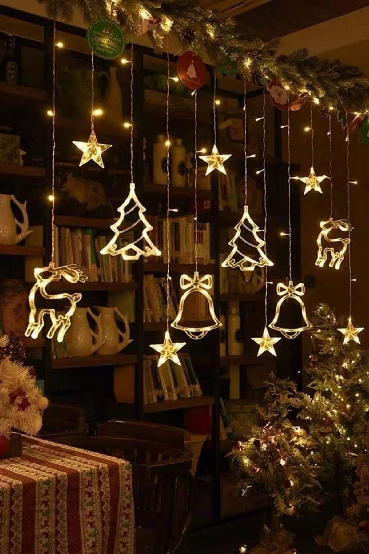 Elioure Yeni Yıl Çam Ağacı Geyik Çan Temalı Işık Zinciri Yılbaşı Noel Perde Led Işık Süslemesi