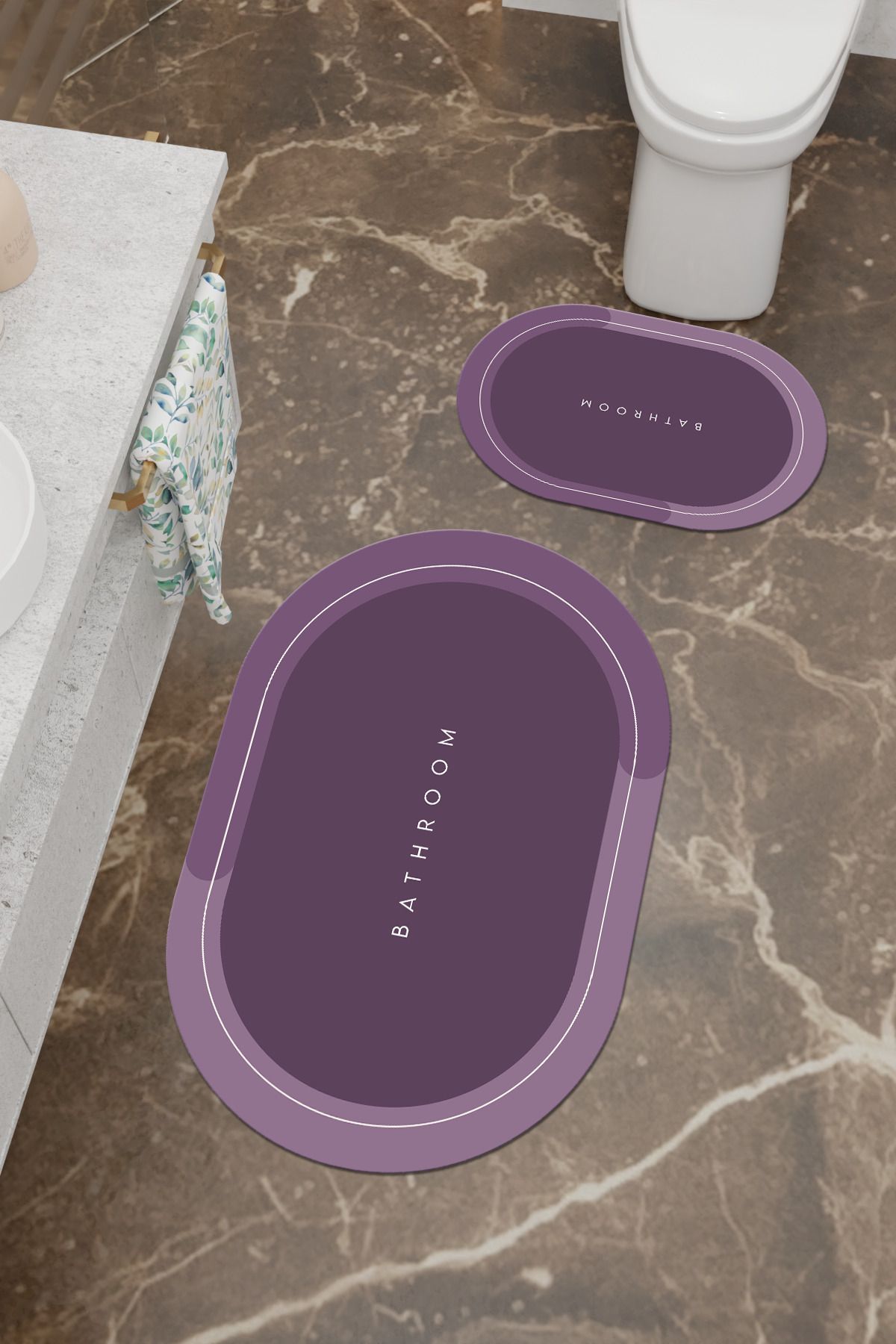 Charmbi Bathroom Desenli Eko Banyo Paspası, Kaymaz Taban, Makinada Yıkanabilir, Dijital Baskı 2'li Set