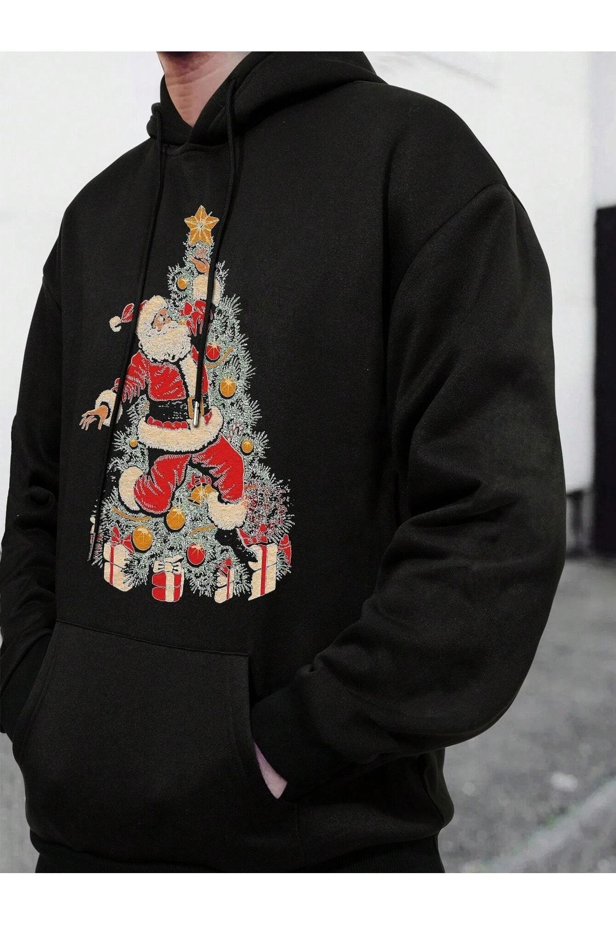 Elioure Noel Baba Yılbaşı Ağacı Baskılı Bej Sweatshirt