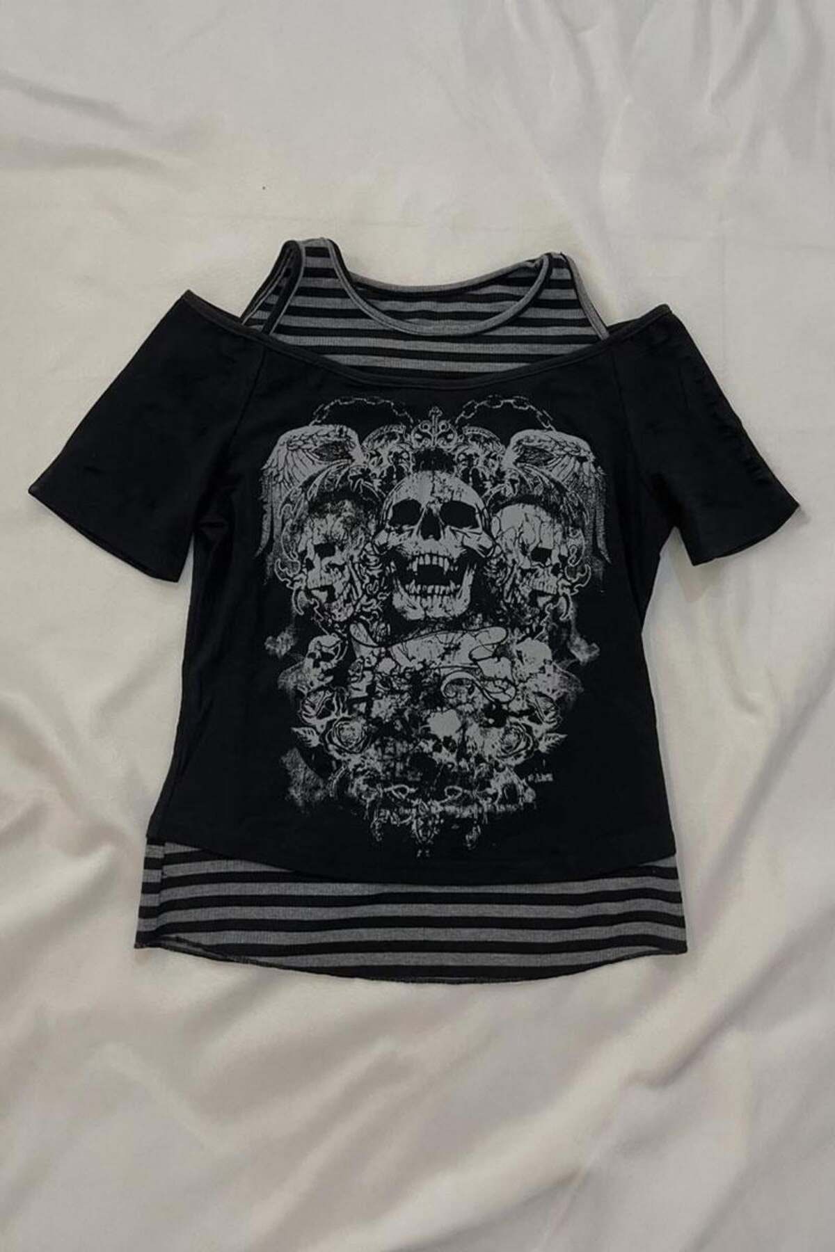 Karakedi Siyah Gotik Skulls Y2K Ek Çizgili Askılı Kısa Kollu Crop
