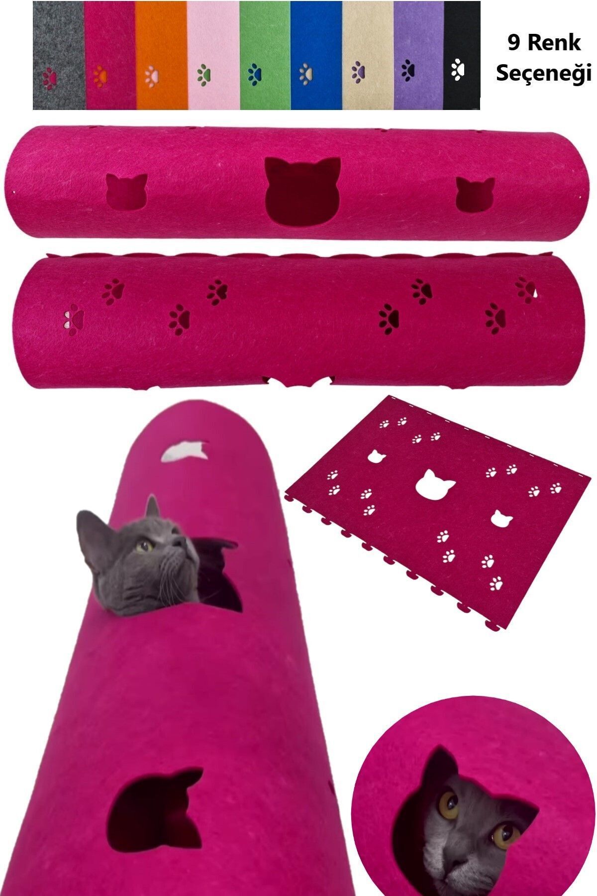 Elioure Kedi Tüneli Oyuncağı 1. Kalite 3mm Keçeden Geçmeli 9 Renk Seçenekli 98 cm Kedi ve Pati Figürlü