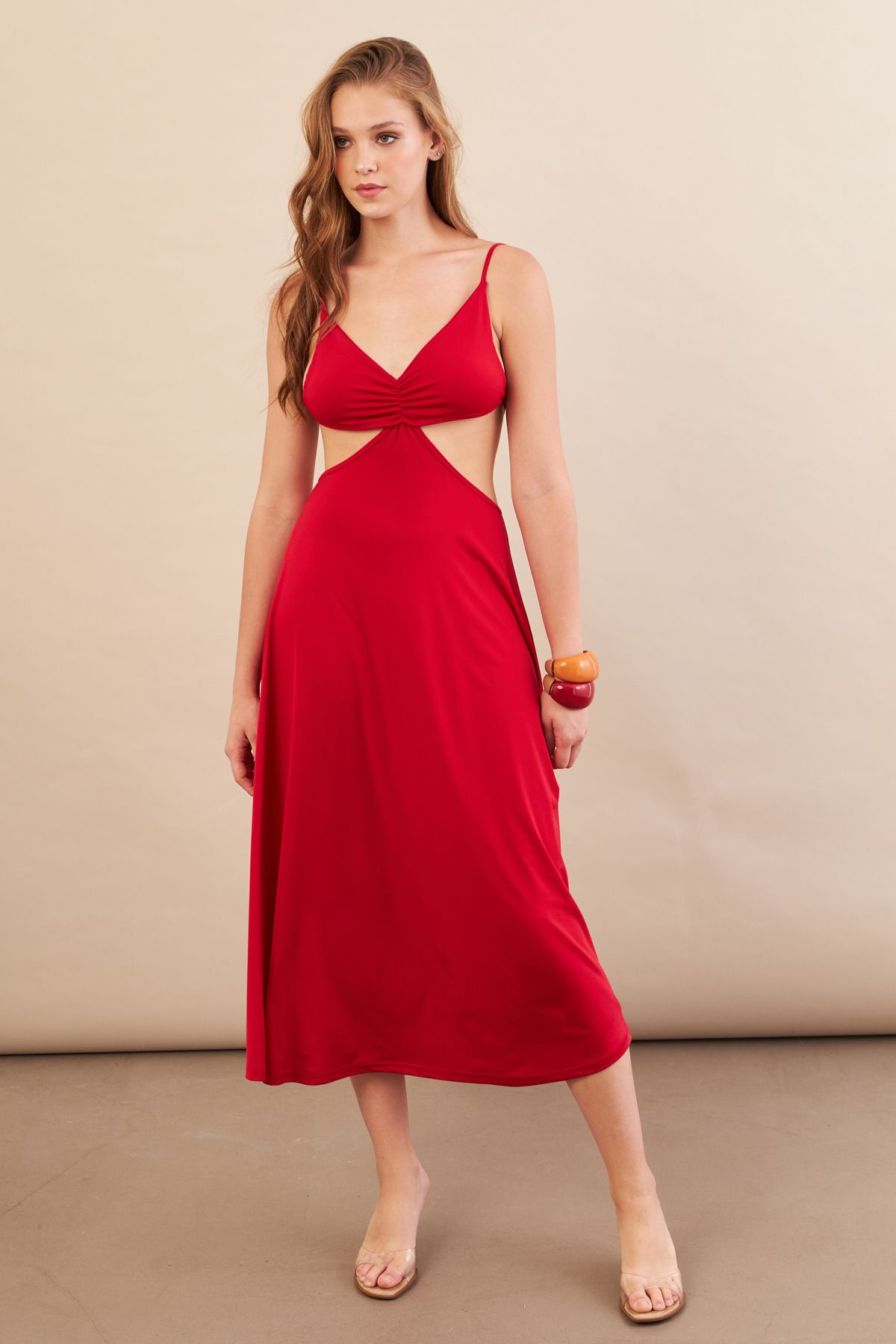 Cool & Sexy Kadın Kırmızı Sırtı Açık Halter Yaka Midi Elbise AN7036