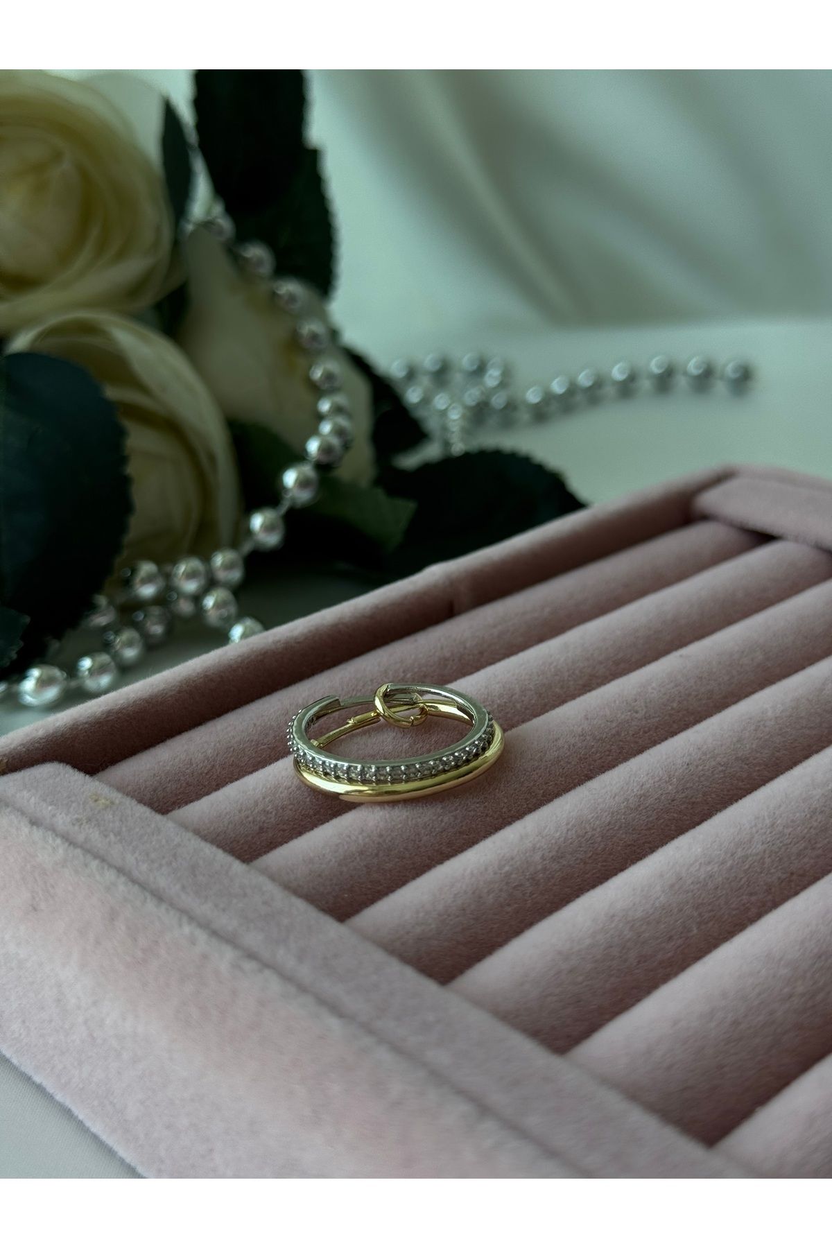 JEWELRY Özel Seri Çift Renkli 2'Li Zirkon Taşlı Halkalı Birleşik Ayarlanabilir Rodyum Kaplama VIP Yüzük