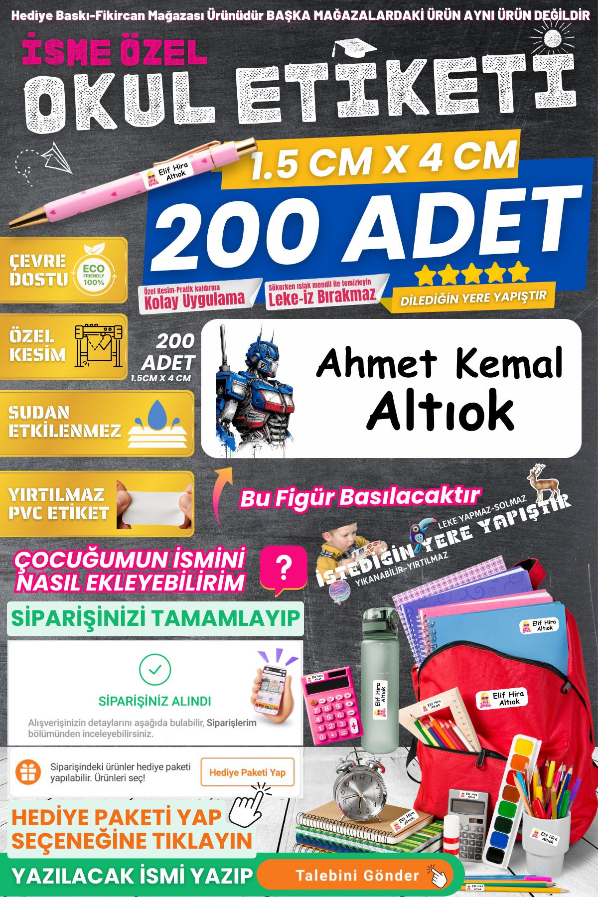FİKİRCAN Fikircan-İsme Özel Okul Etiketi-TRANSFORMERS 200 Adet - Kokusuz Ekolojik Mürekkep PVC ETİKET