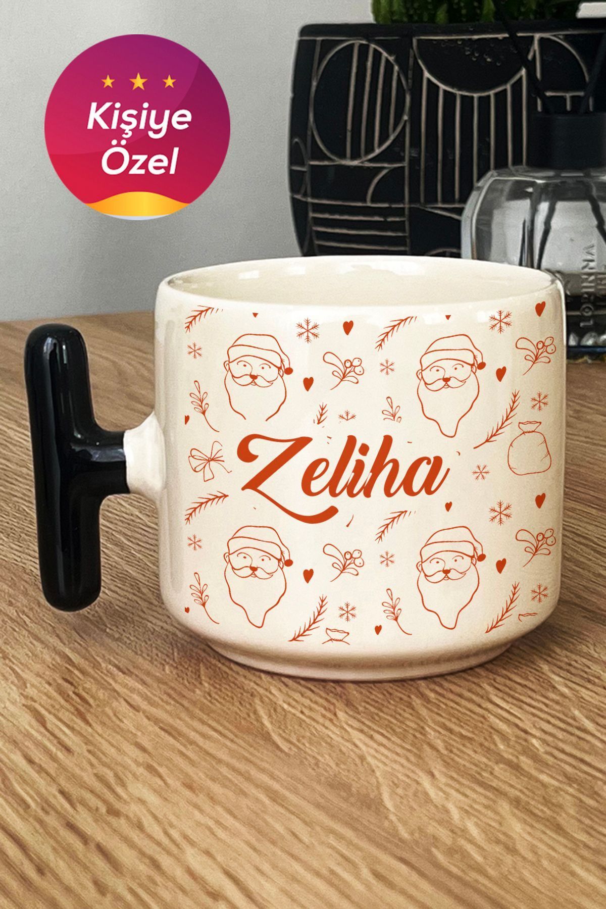 Elioure Kişiye Özel Noel Baba Desenli Kupa Bardak T Kulplu Siyah Yılbaşı Yeni Yıl Hediyesi 5386MY