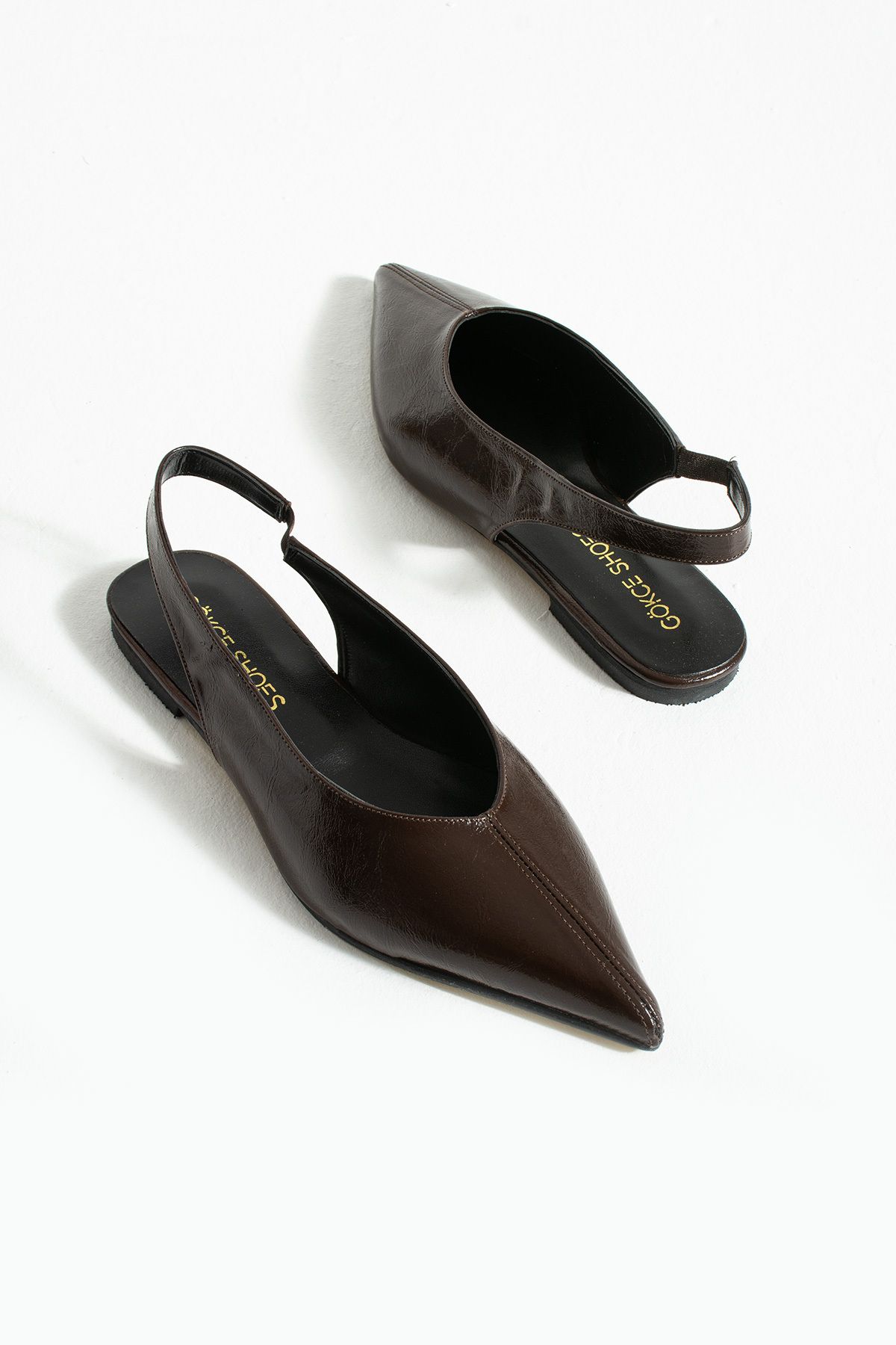 Gökçe Shoes Yanna Kahve Desenli Rugan Sade Arkası Lastikli Kadın Babet Ayakkabı