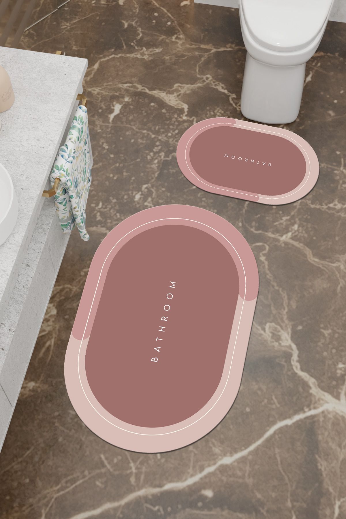 Charmbi Bathroom Desenli Eko Banyo Paspası, Kaymaz Taban, Makinada Yıkanabilir, Dijital Baskı 2'li Set