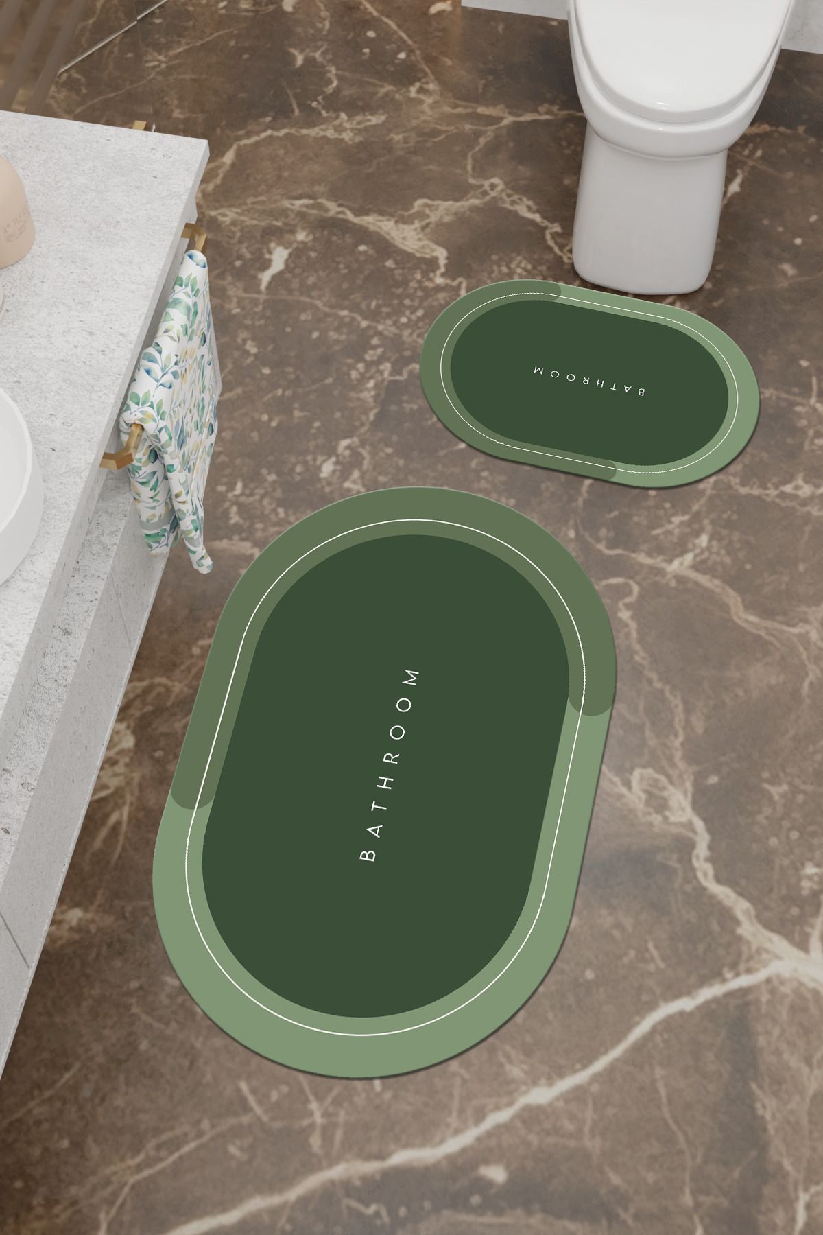 Charmbi Bathroom Desenli Eko Banyo Paspası, Kaymaz Taban, Makinada Yıkanabilir, Dijital Baskı 2'li Set