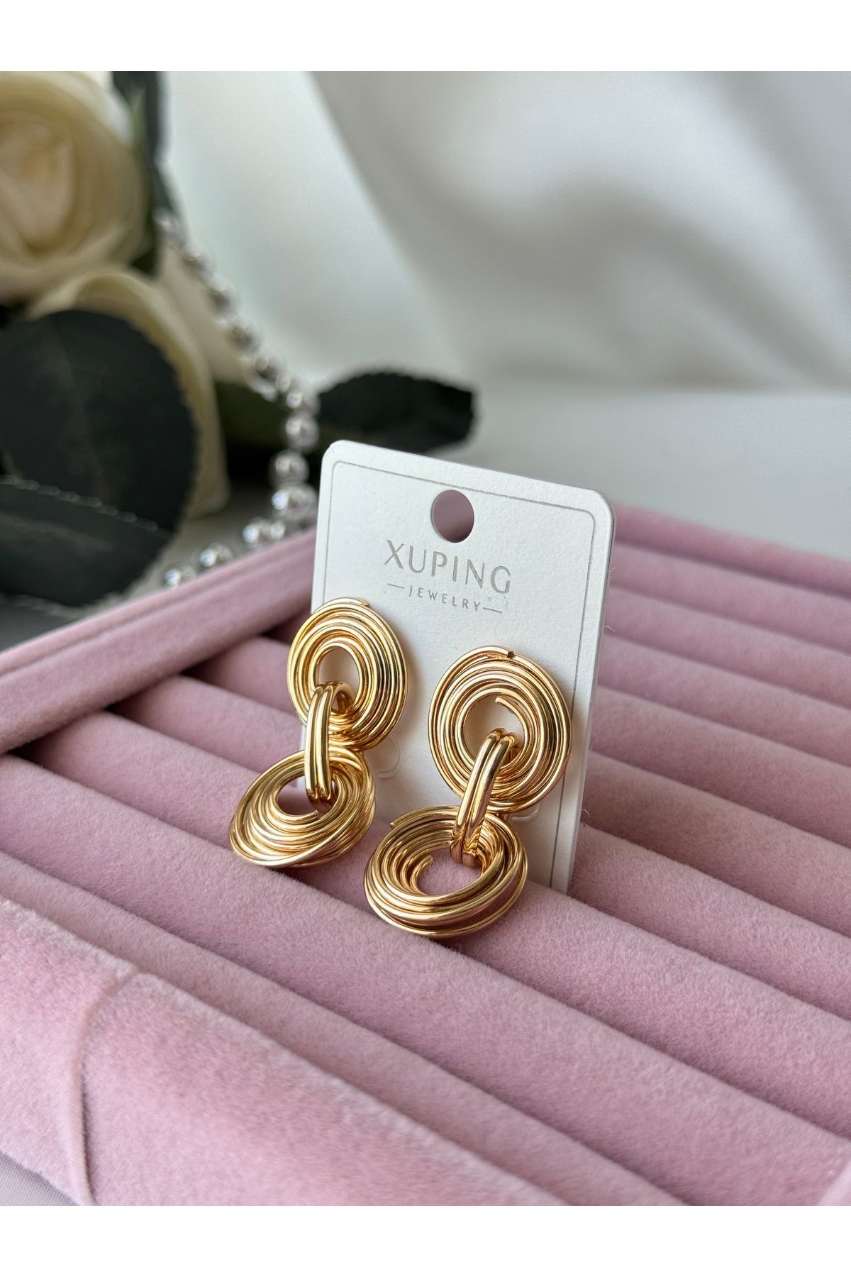 XUPING JEWELRY Xuping İkili Yuvarlak Birbirine Bağlı Sallantılı 18K Gold Rose (Pembe Altın) Renkli Vip Küpe