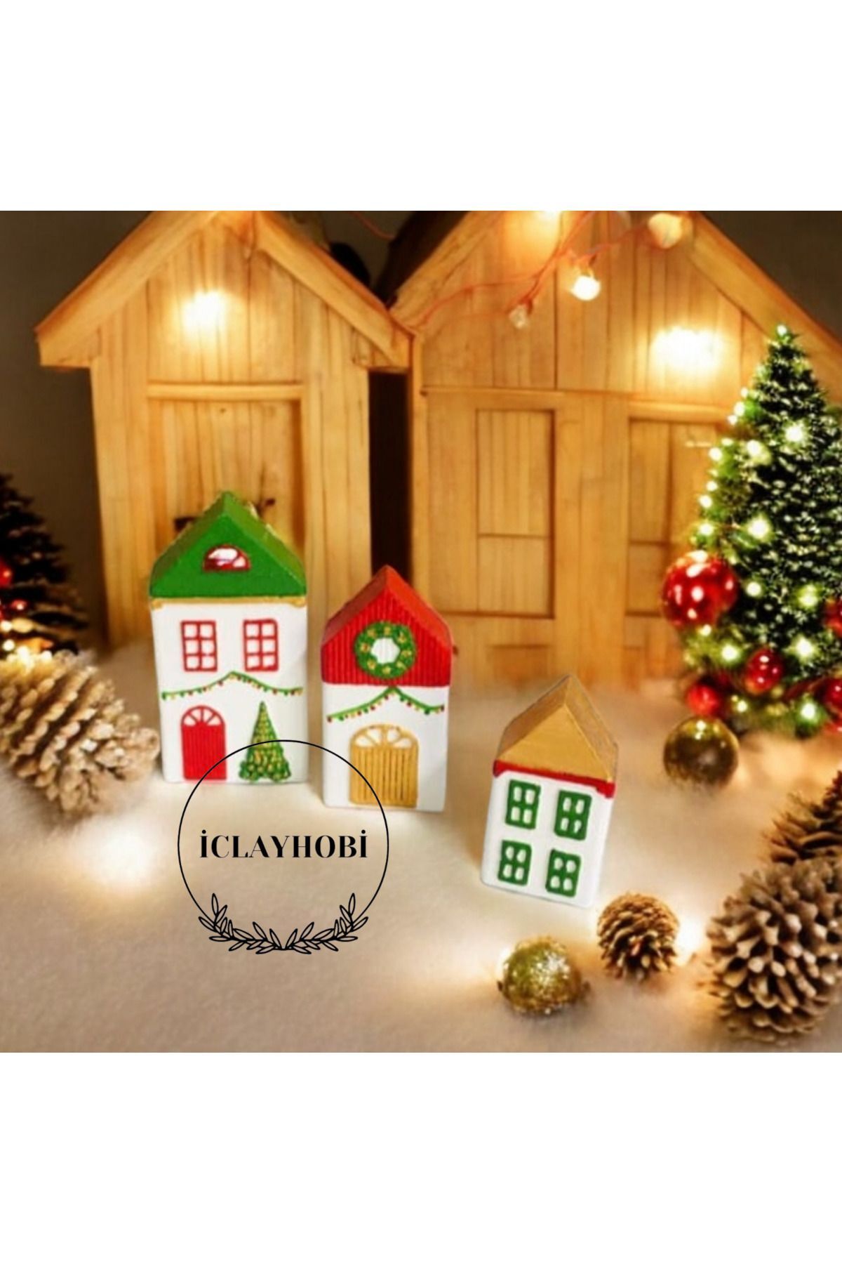 Elioure Yılbaşı Noel Dekoratif 3'Lü Evler Ev Dekoru Obje Set, Yeniyıl Evleri, İskandinav Evler Hediyelik