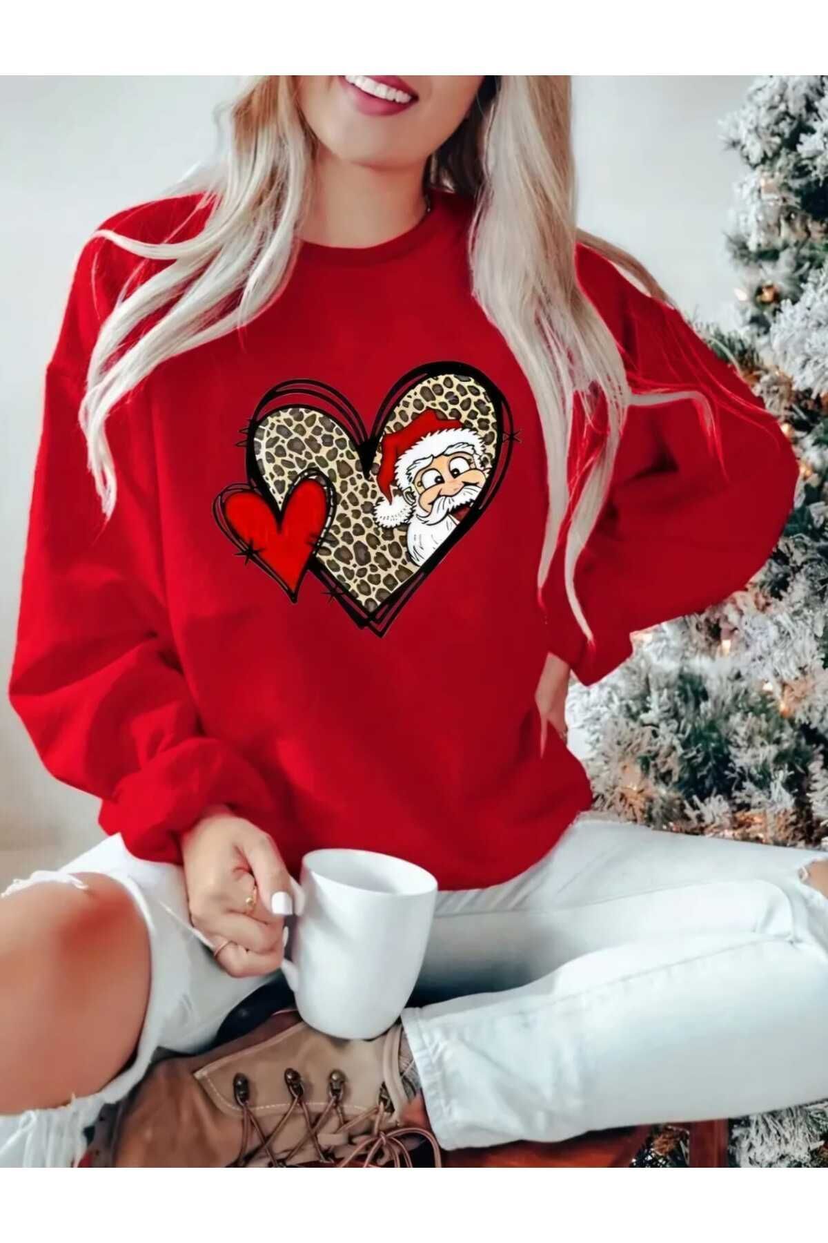 Elioure Yeni Yıl Konsept Noel Baba Leopar Kalp Baskılı Bisiklet Yaka Oversize Sweatshirt Kadın