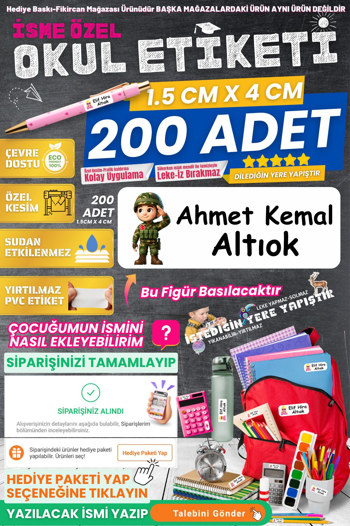 FİKİRCAN Fikircan-İsme Özel Okul Etiketi-ASKER 200 Adet - Kokusuz Ekolojik Mürekkep PVC ETİKET