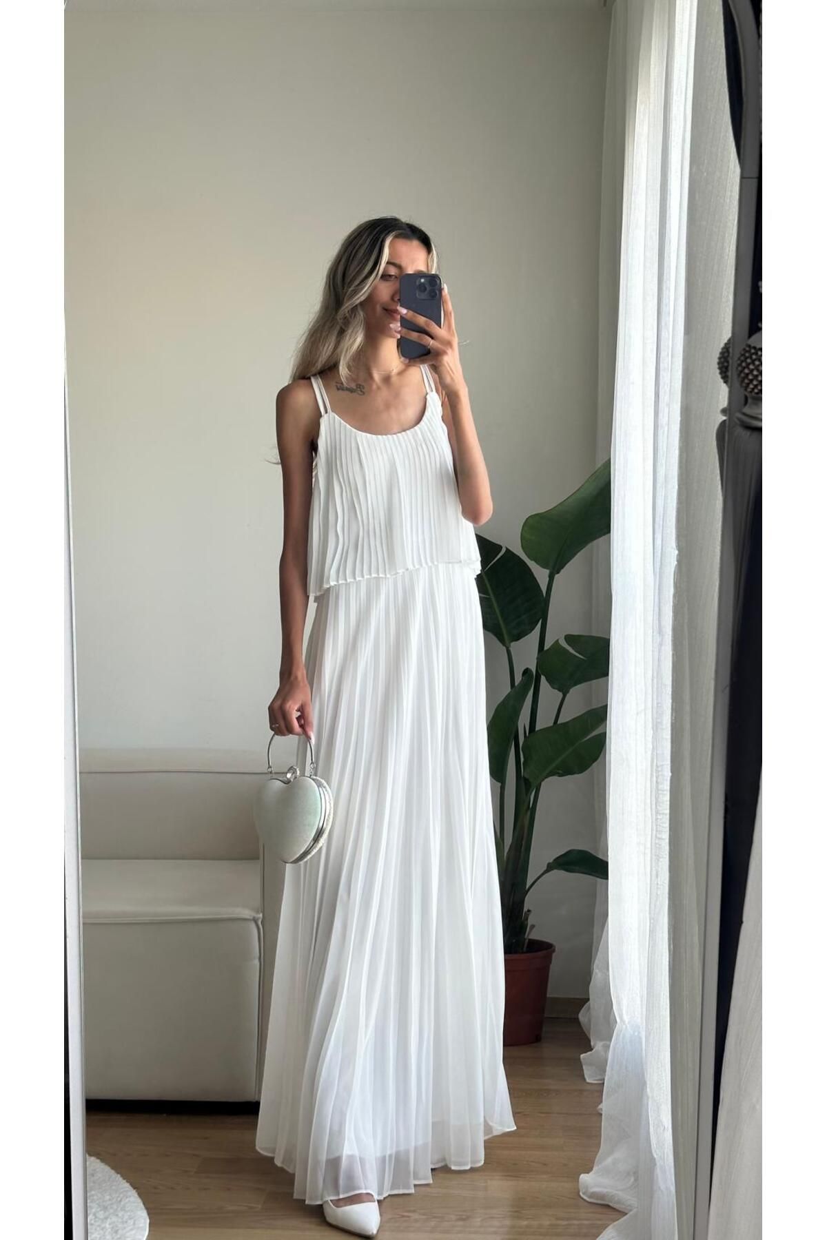MODA Şifon Beyaz Pileli Elbise