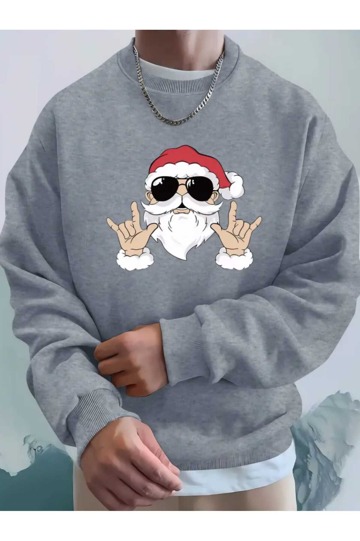 Elioure Yılbaşı Konsept Noel Baba Baskılı Bisiklet Yaka Oversize Sweatshirt Erkek