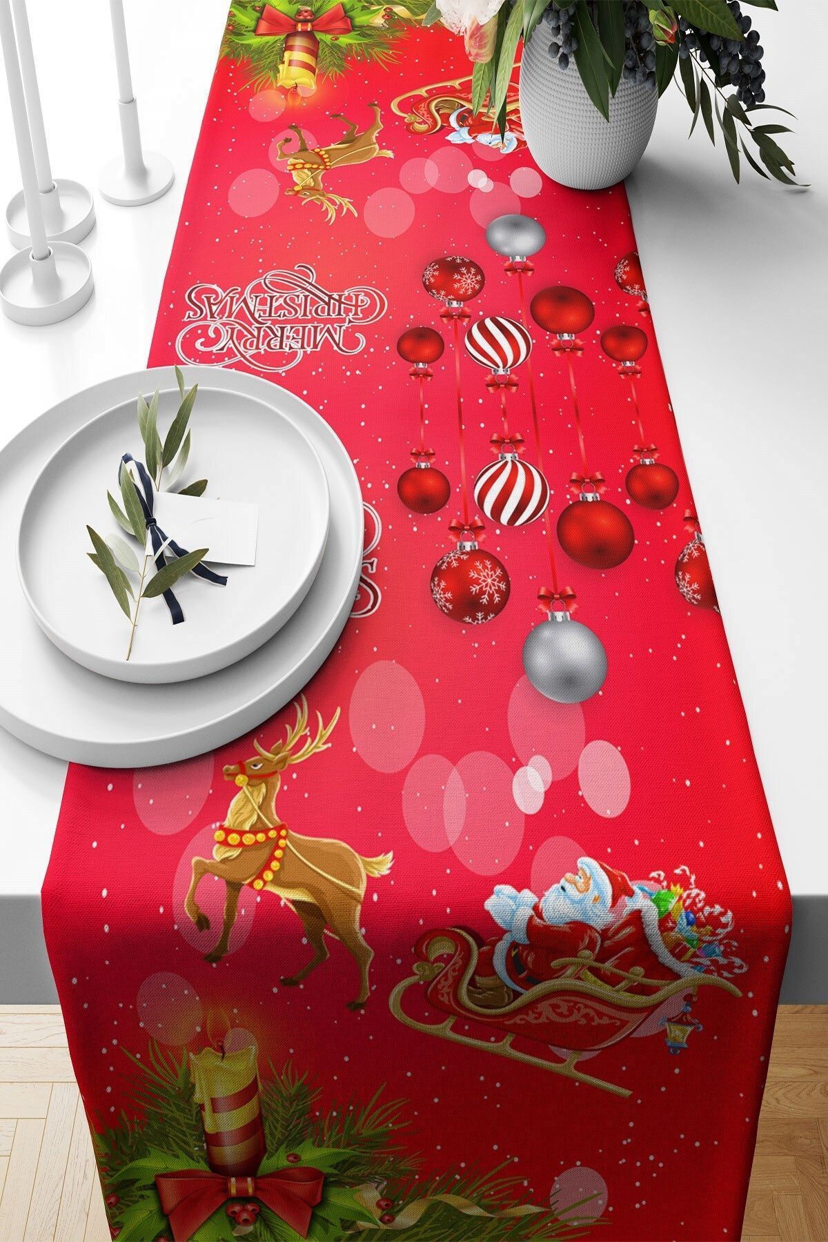 Elioure Noel Baba Yılbaşı Temalı Leke Tutmaz Kumaş Salon Mutfak Masa Değişik Ranır Modelleri Runner