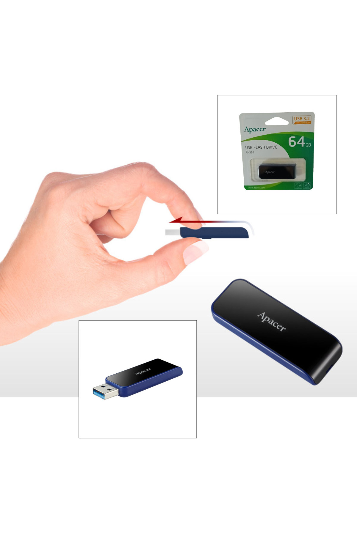 Apacer-64GB, AH356 retractable USB 3.2 memory stick, blue with black 4