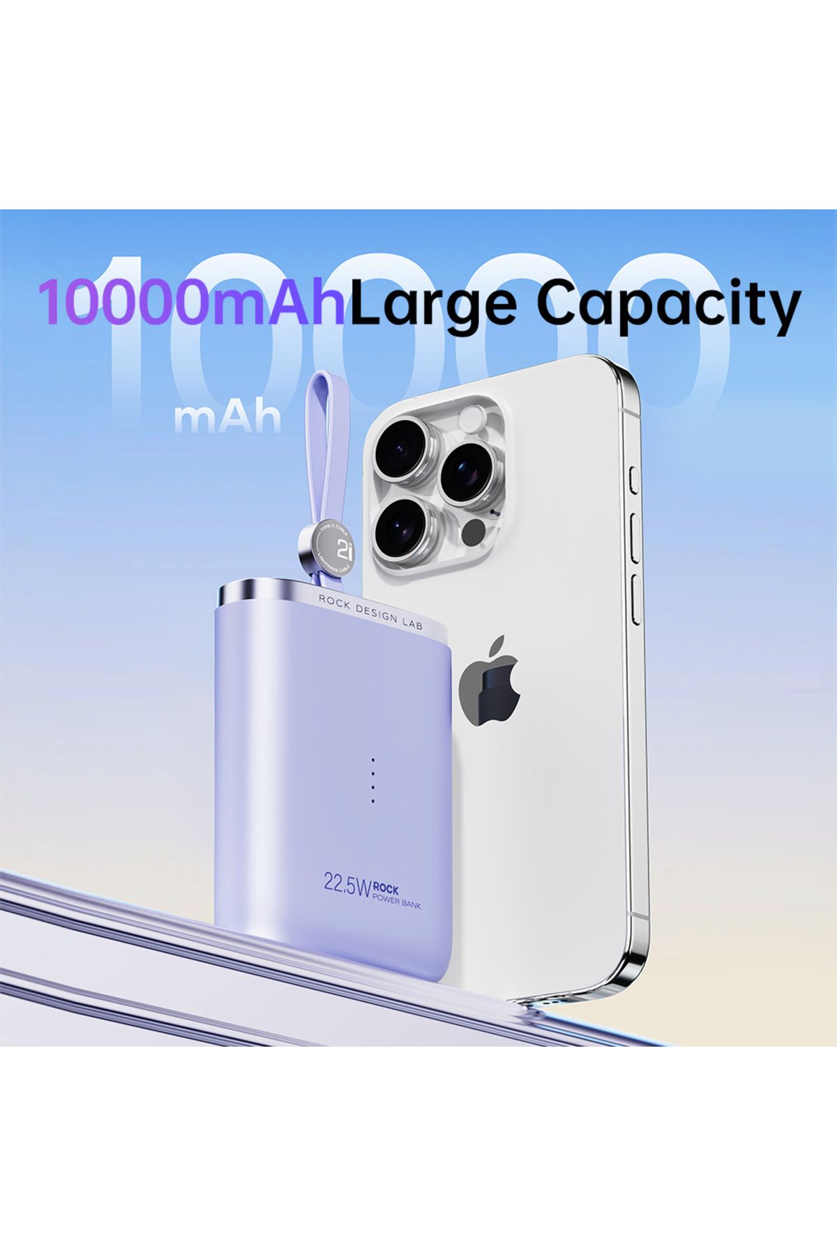 Rock PowerSack PD 22.5W 10000 mAh. 3 in 1 Type-C Lightning Power Bank