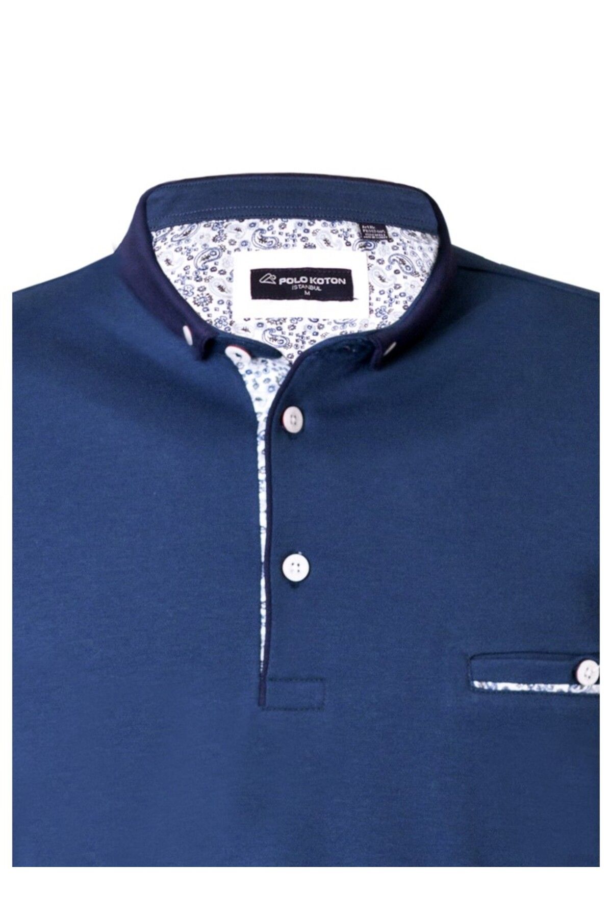 MODA %100 Pamuk Indigo Dar Polo Yaka T-Shirt – Düğmeli Cep Detaylı Yazlık Erkek Tasarımı