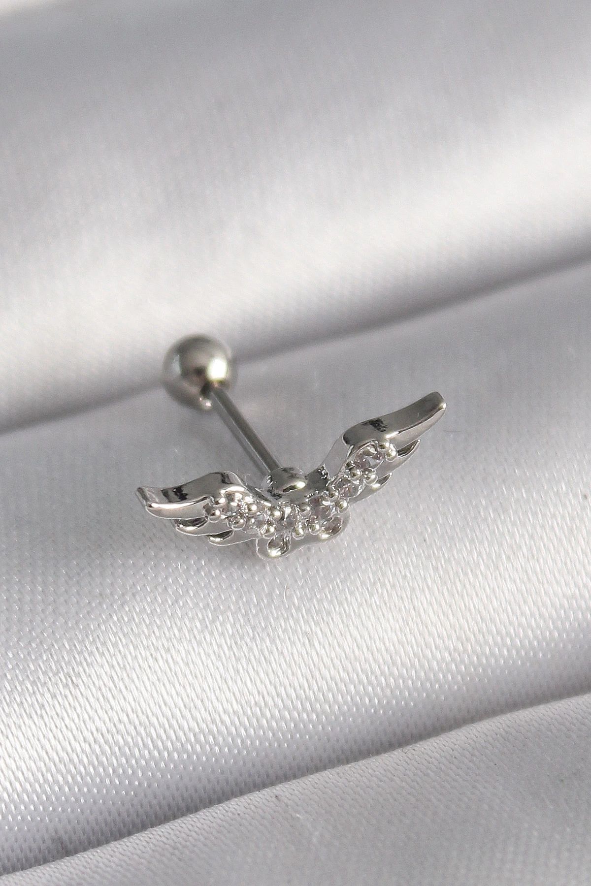 shopwave 316L Çelik Gümüş Renk Zirkon Taş Detay Kanat Model Tragus Piercing