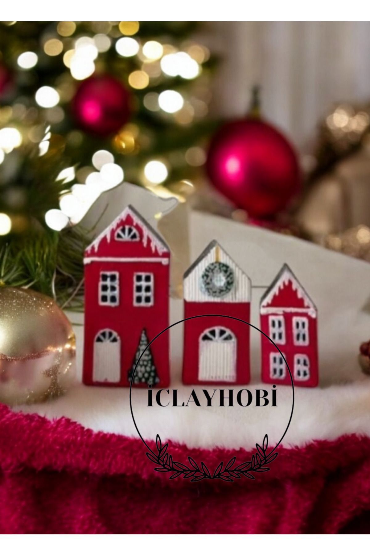 Elioure Yılbaşı Noel Dekoratif 3'Lü Evler Ev Dekoru Obje Set, Yeniyıl Evleri, İskandinav Evler