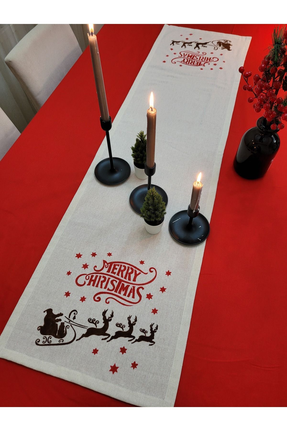 Elioure Yılbaşı Noel Baba ve Geyikler Merry Christmas Doğal Keten El Boyaması Runner 40×150 Cm