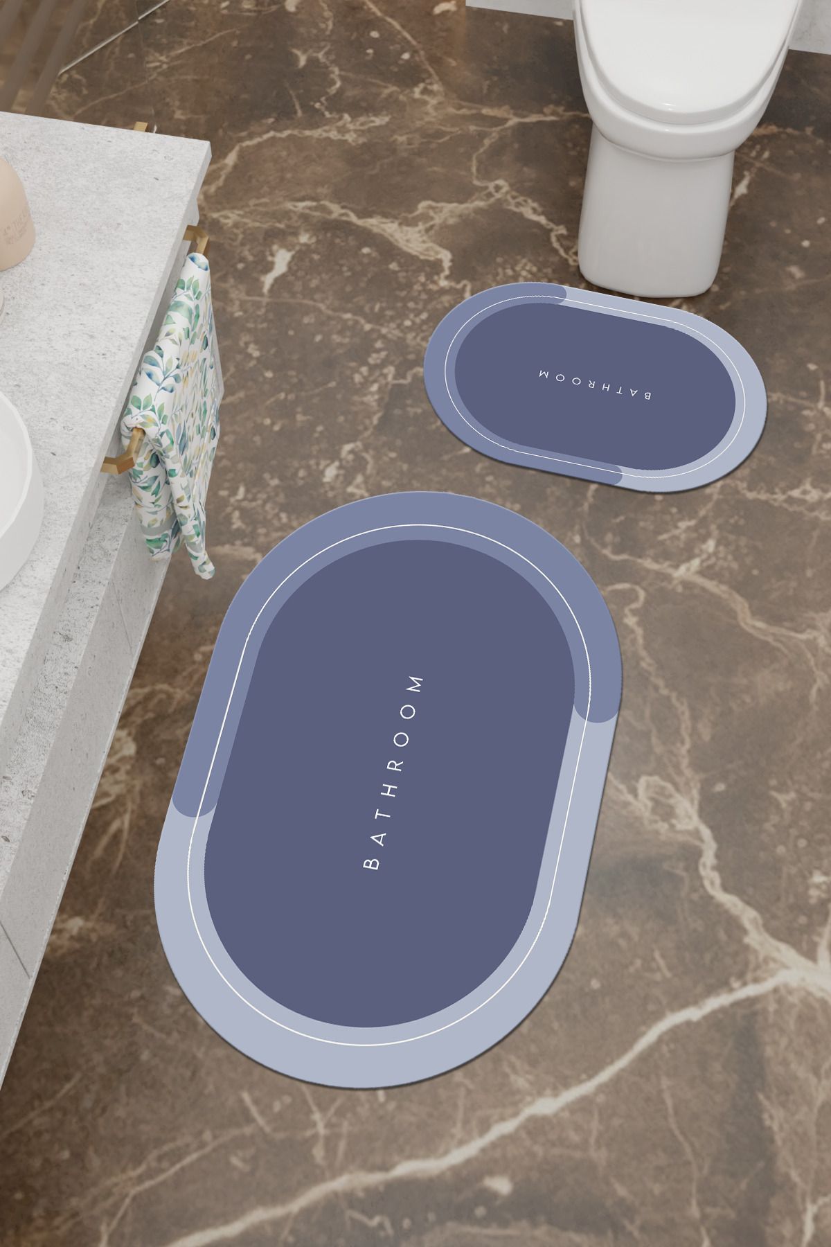 Charmbi Bathroom Desenli Eko Banyo Paspası, Kaymaz Taban, Makinada Yıkanabilir, Dijital Baskı 2'li Set
