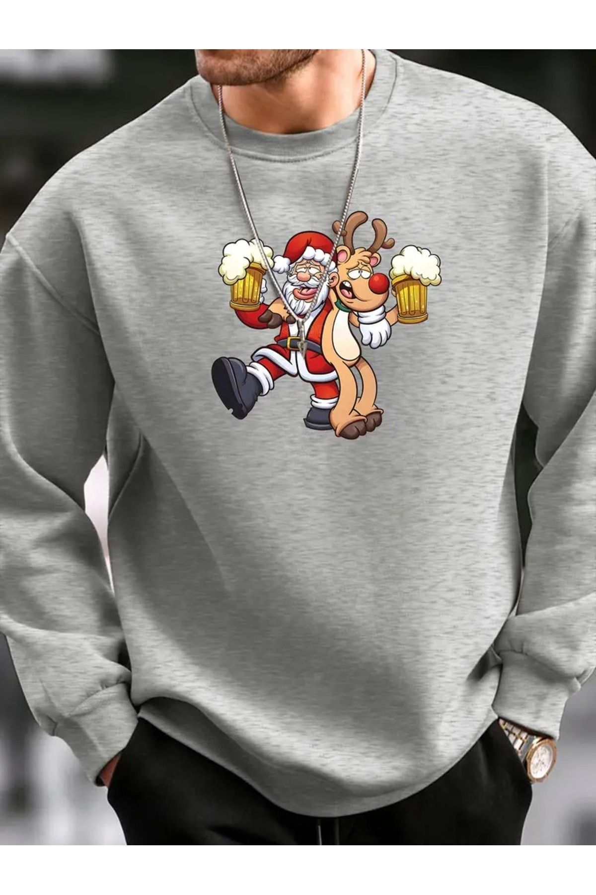Elioure Yılbaşı Yeni Yıl Noel Baba Baskılı Bisiklet Yaka Oversize Siyah Gri Sweatshirt