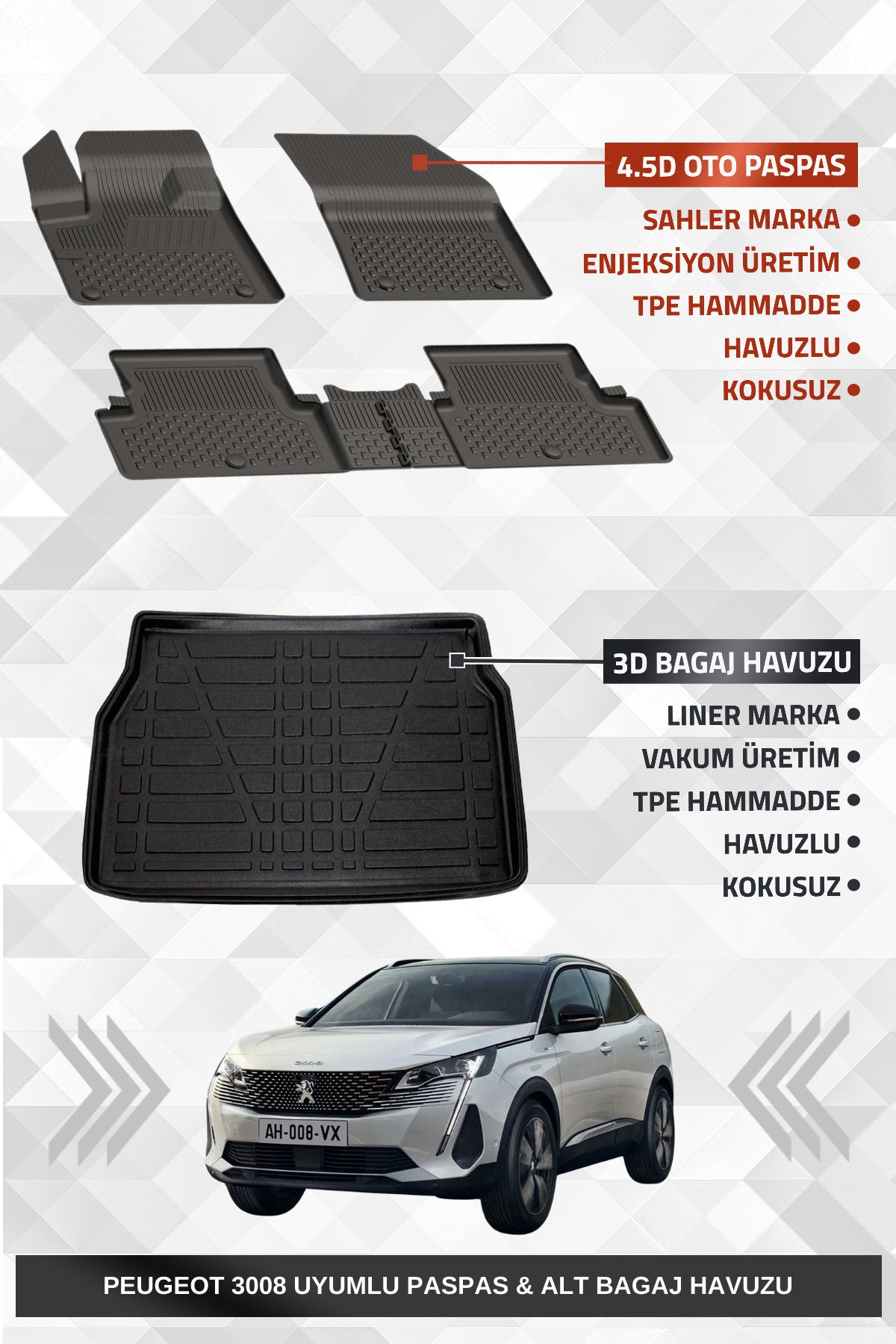 Sahler Peugeot 3008 2016-2024 Uyumlu 4.5D Premium Havuzlu Oto Paspas ve Liner Marka 3D ALT Bagaj Hav