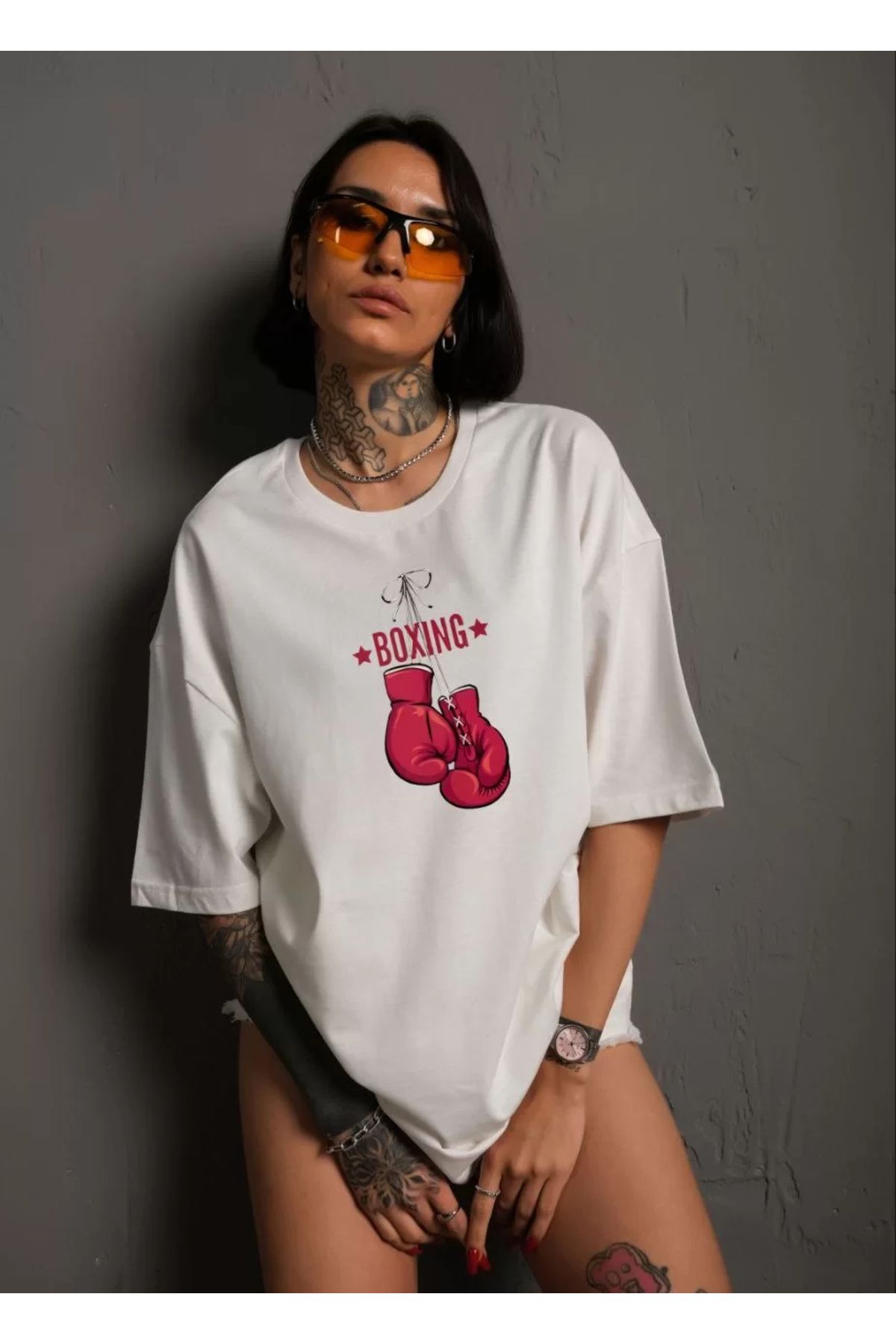 Silerra Unisex Bisiklet Yaka Baskılı Oversize T-Shirt - Beyaz