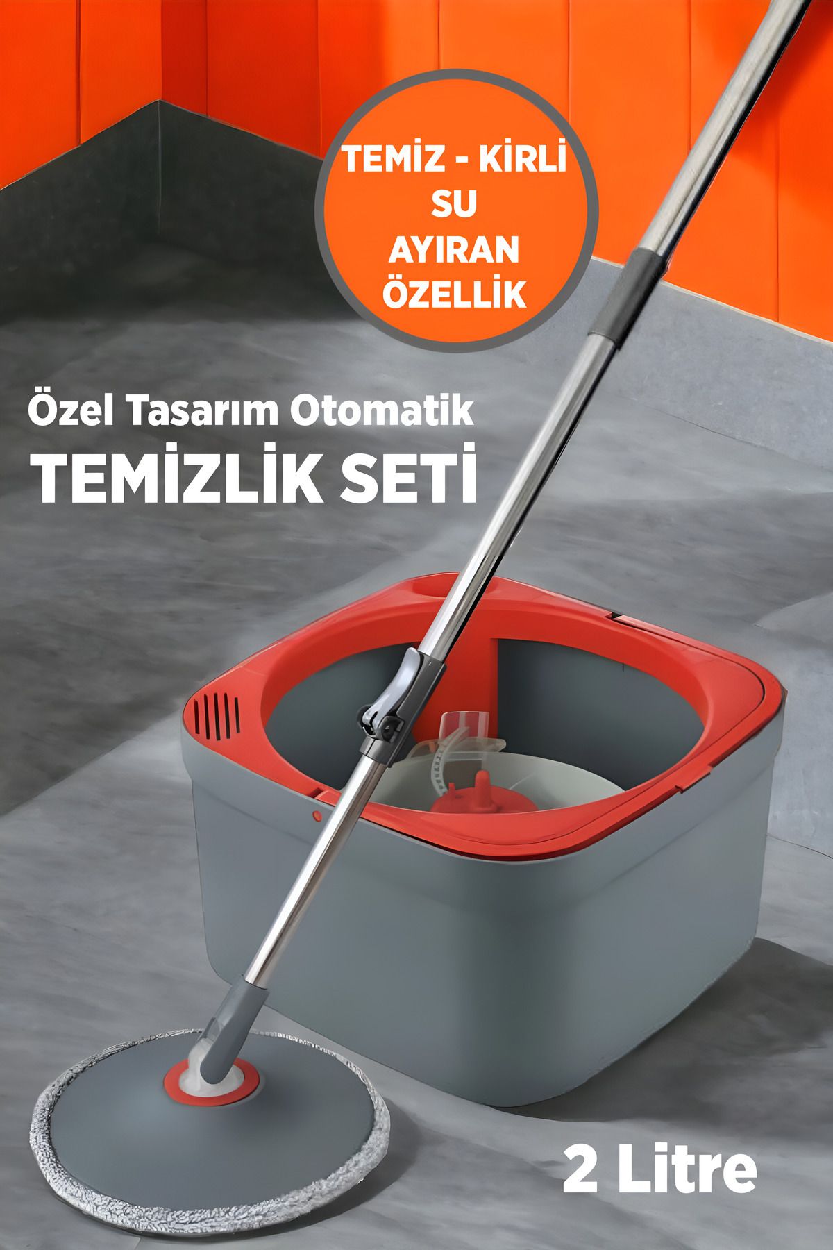 Kuzeyli Temiz ile Kirli Suyu Ayıran Otomatik Temizlik Microfiber Döner Başlıklı Mop Seti