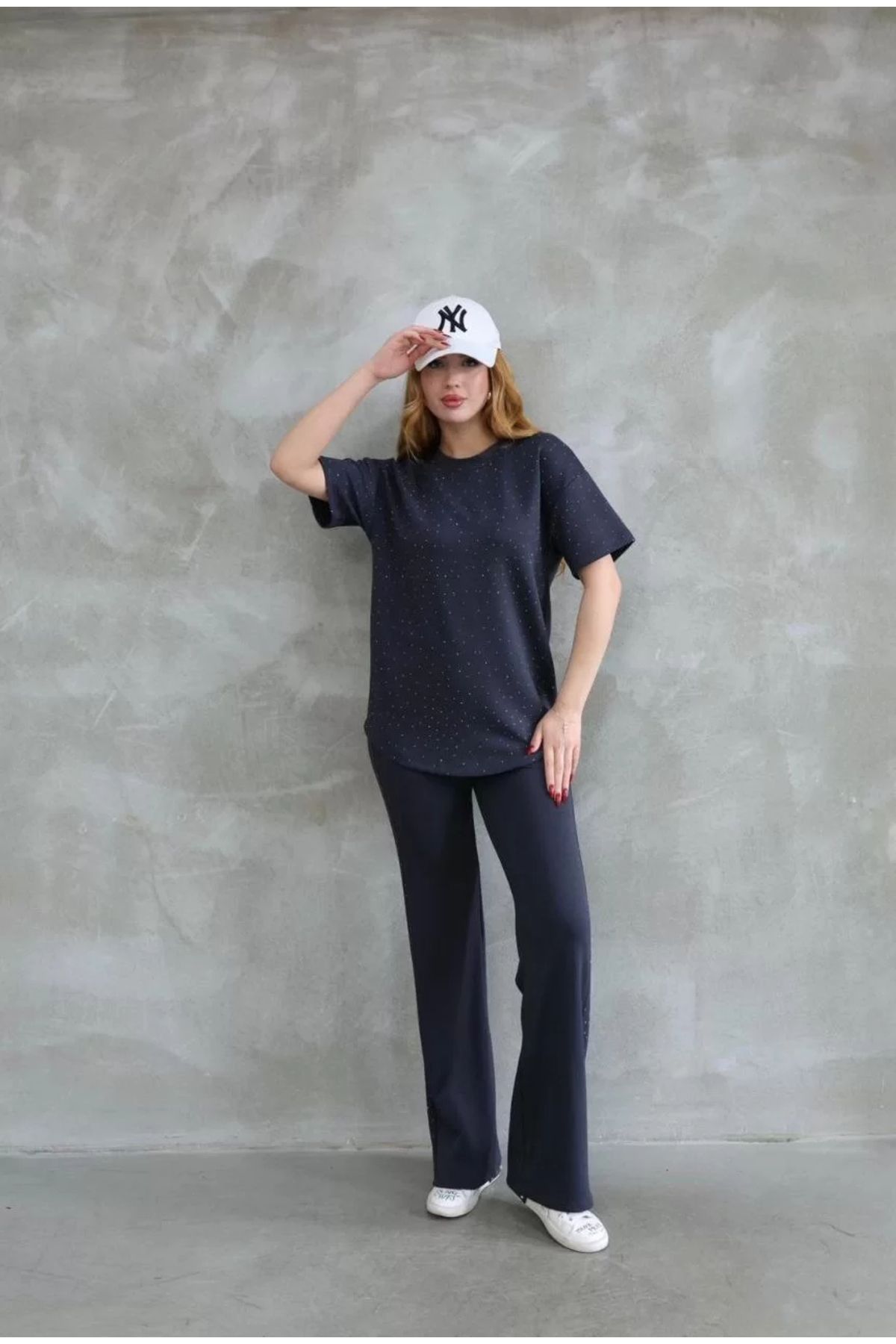 CVS-Osy Modal Soft Textured Fabric Crew Neck Stone Detailed Short Sleeve Set - Smoked 2