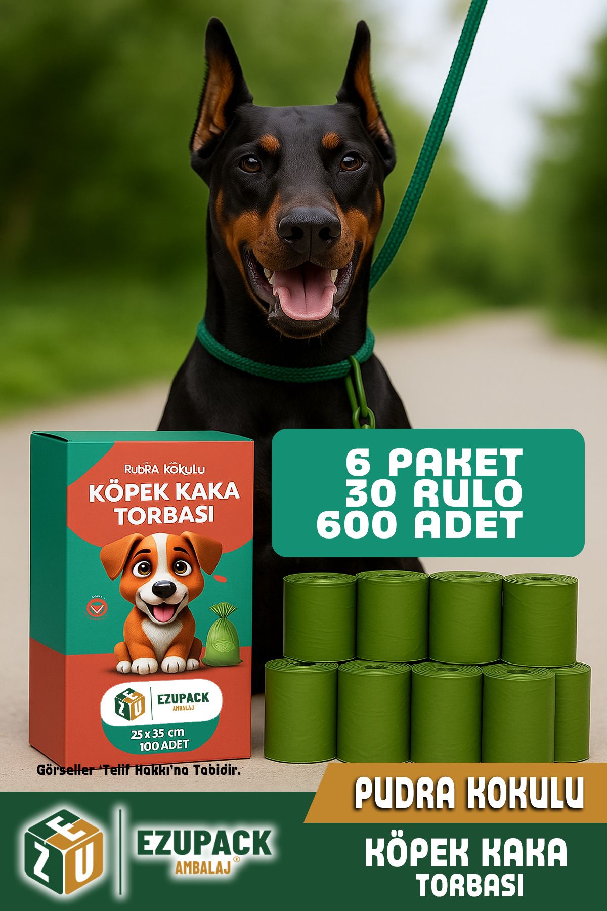 Ezupack 30 Rulo Kedi Köpek Kaka Poşeti Kutulu Pudra Kokulu Kaka Torbası Pet Evcil Hayvan 600 Dışkı Poşet