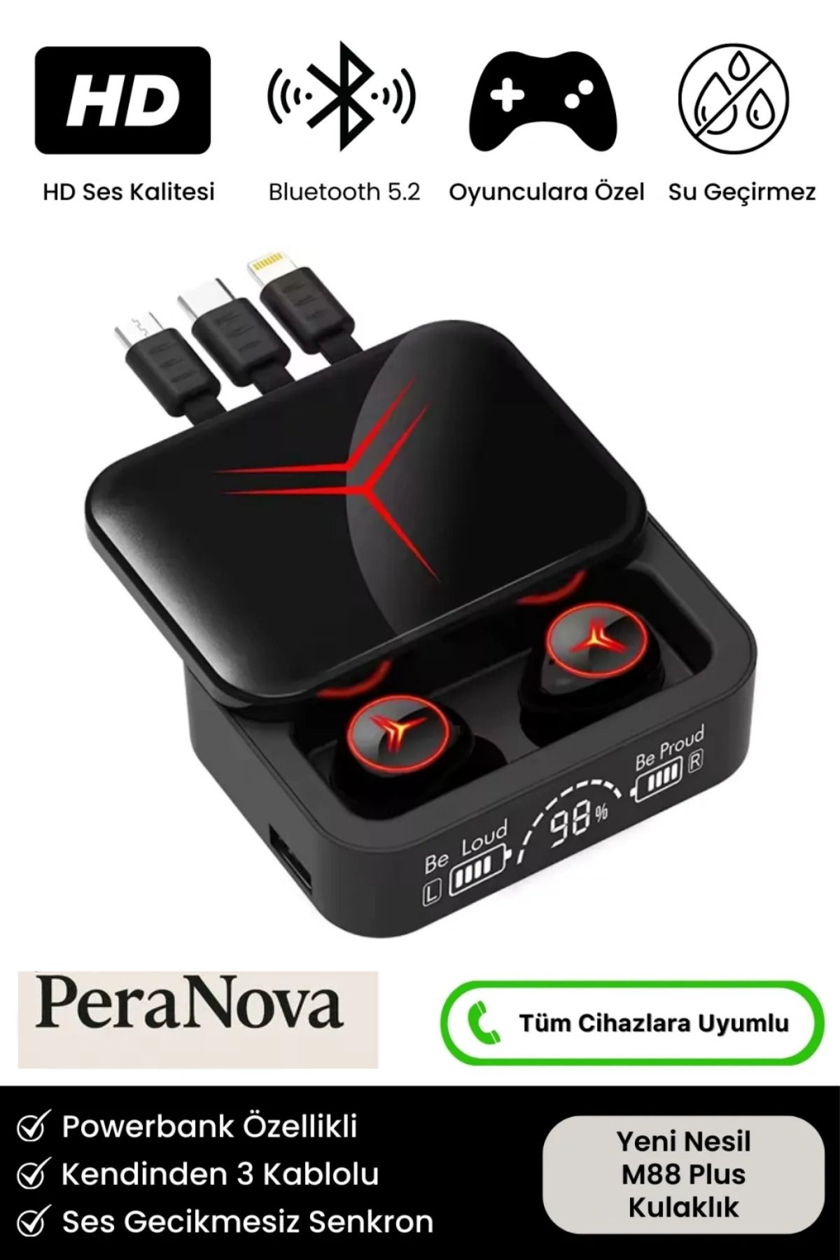 PeraNova HD Ses Göstergeli Powerbank Özellikli Ios Android Uyumlu 5.2 Bluetooth M88 Plus Kablosuz Kulaklık