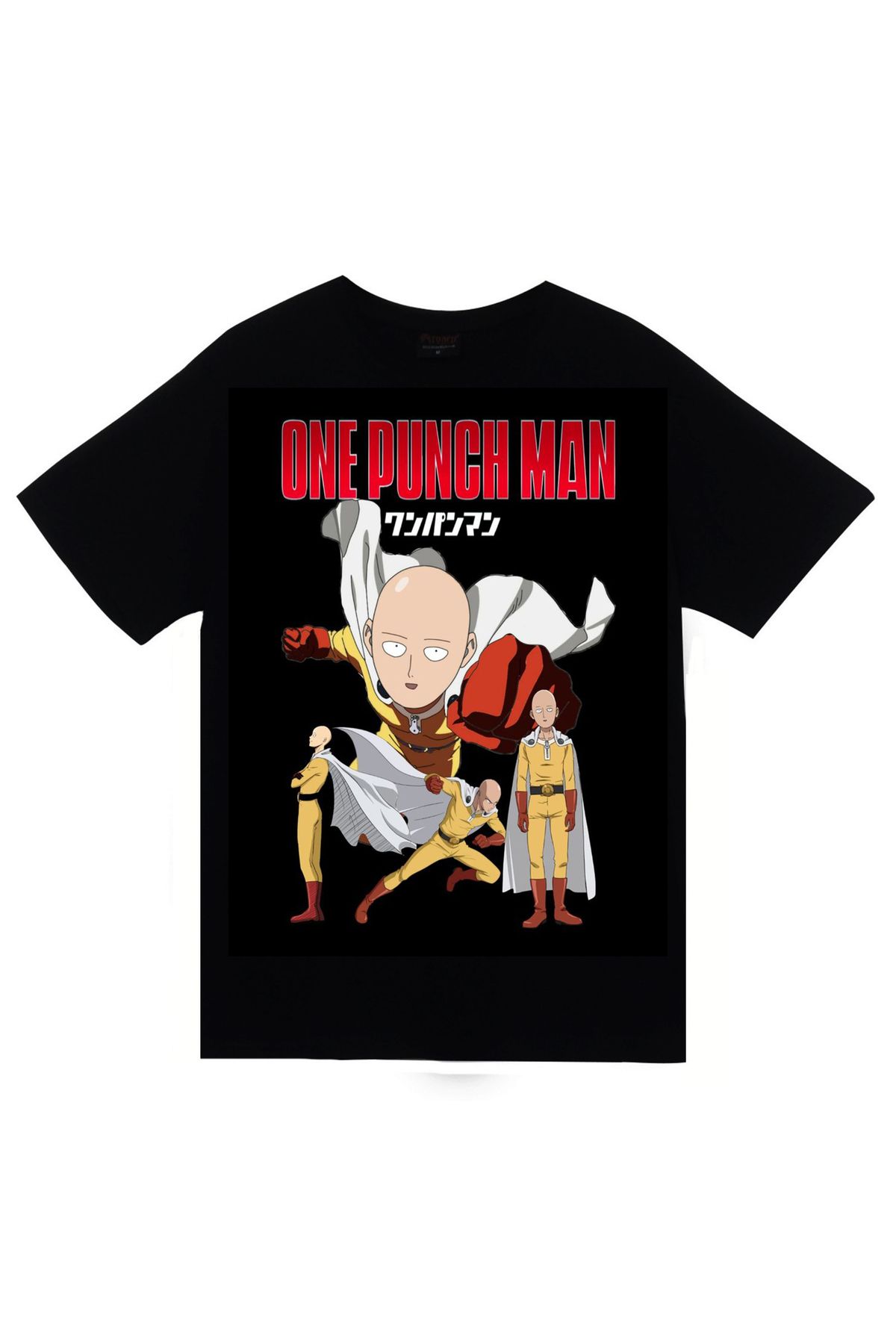 fame-stoned One Punch Man Anime Baskılı Unisex %100 Pamuk Siyah T-shirt