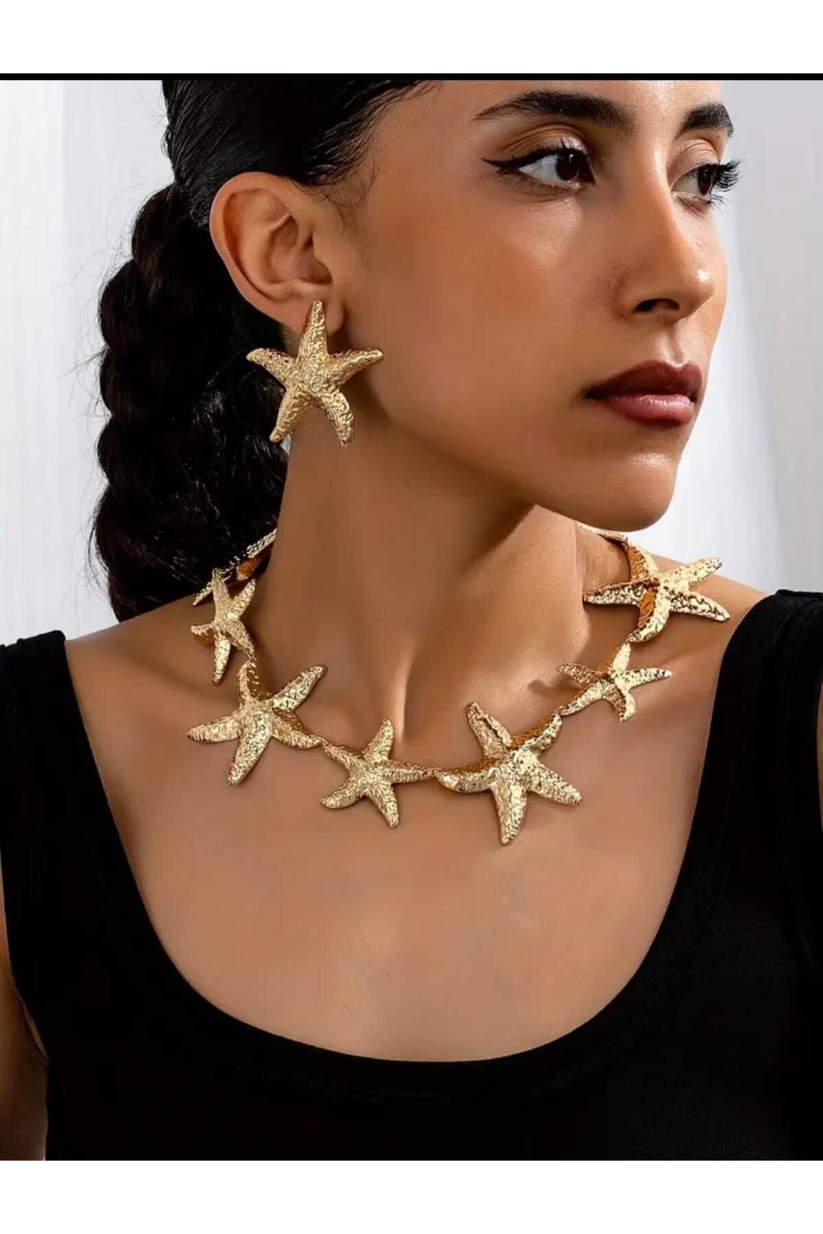 beynaaksesuar Deniz Yıldızı Gold Kaplamalı Kolye ve Küpe Set Sevgiliye Hediye Anneye Hediye