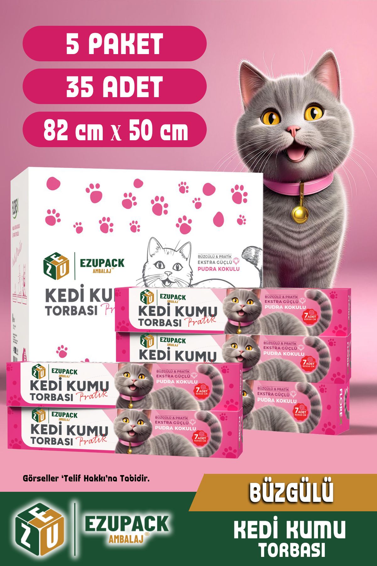 Ezupack 35'li Kedi Kumu Torbası Pudra Kokulu Büzgülü Poşet Pet Evcil Hayvan Kedi Tuvaleti 5 Paket 82x50cm
