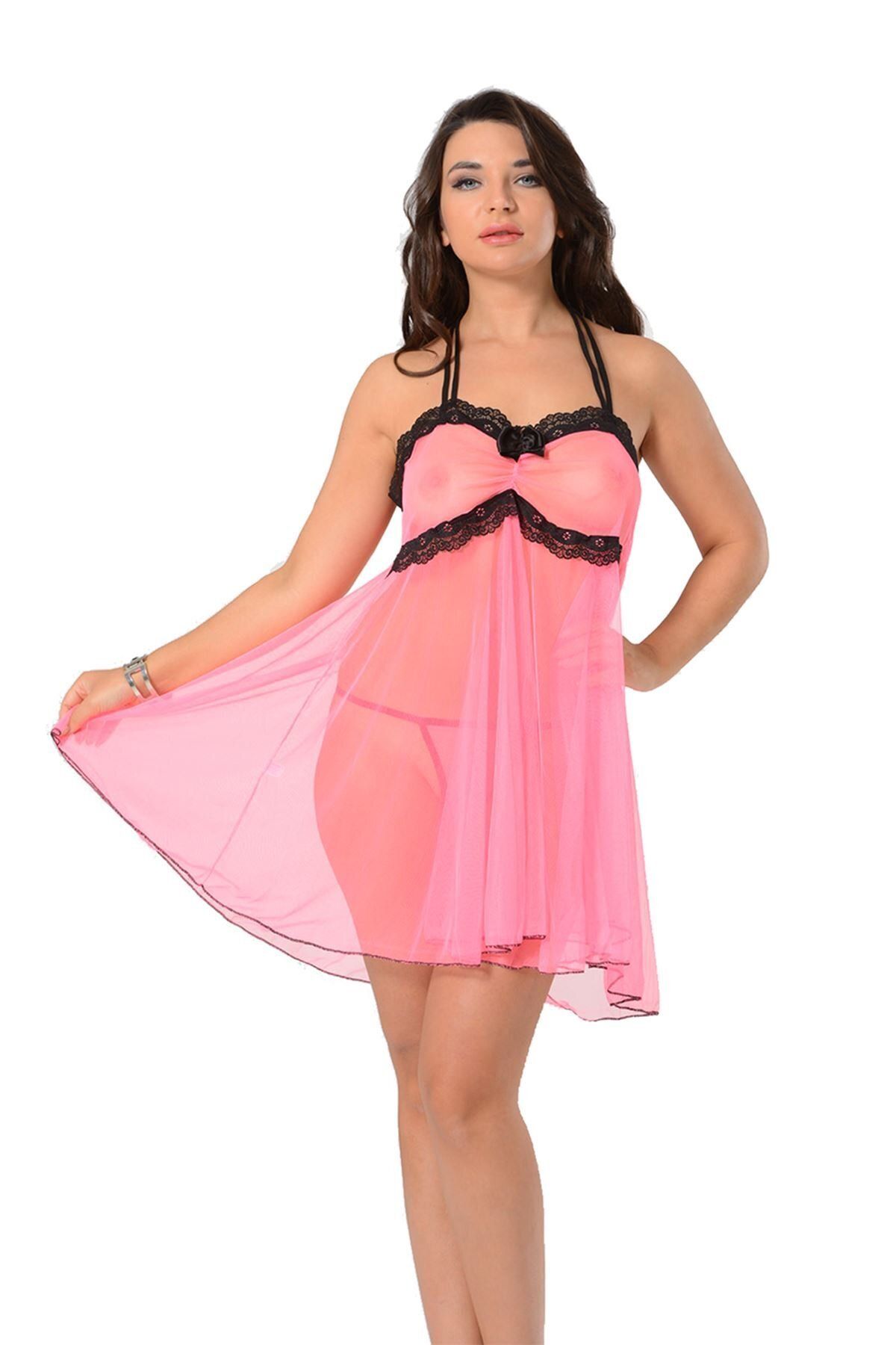 Vemora Pembe Tül Gecelik - Renkli - L/XL