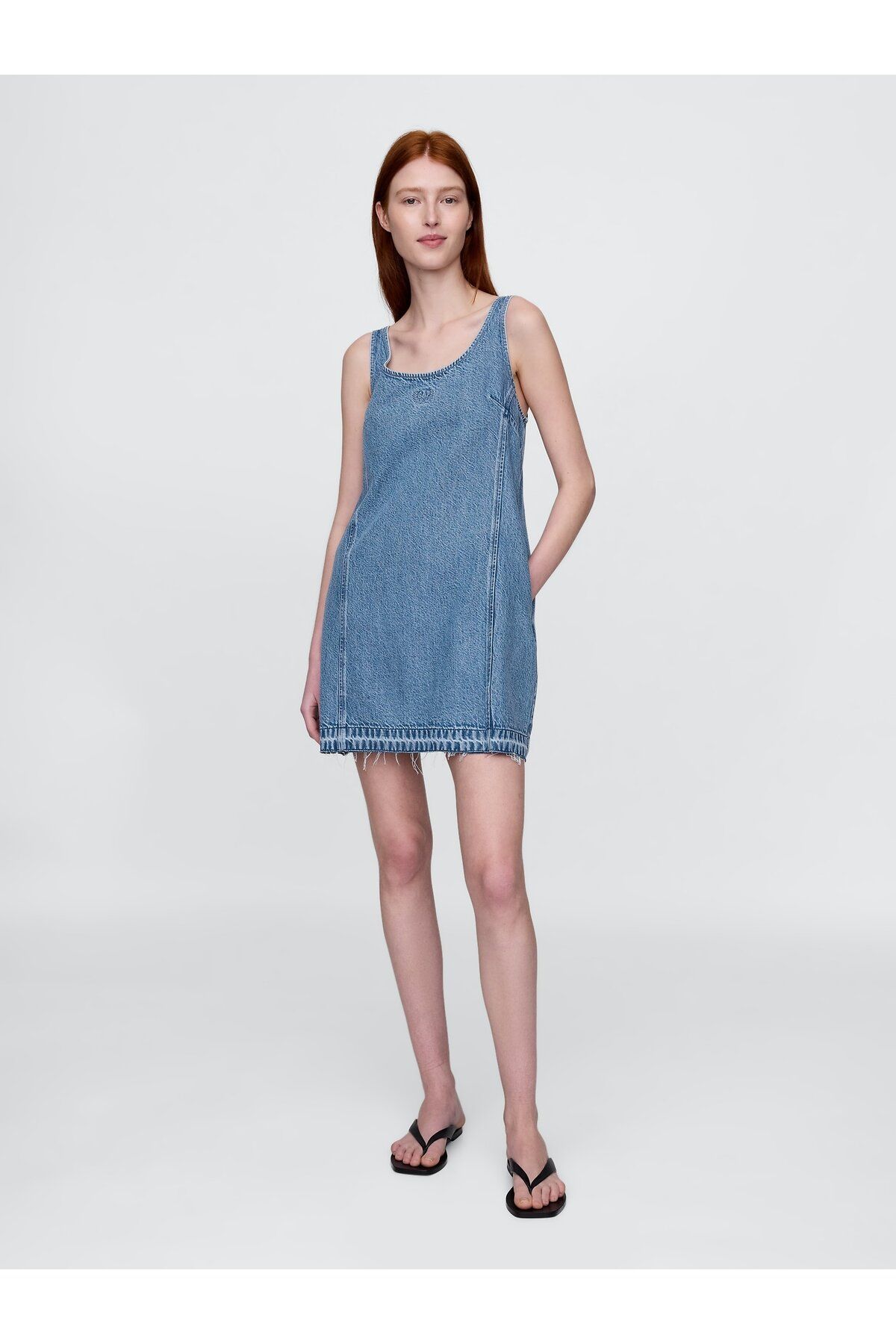 GAP Kadın Denim Mavi UltraSoft Denim Logo Mini Elbise