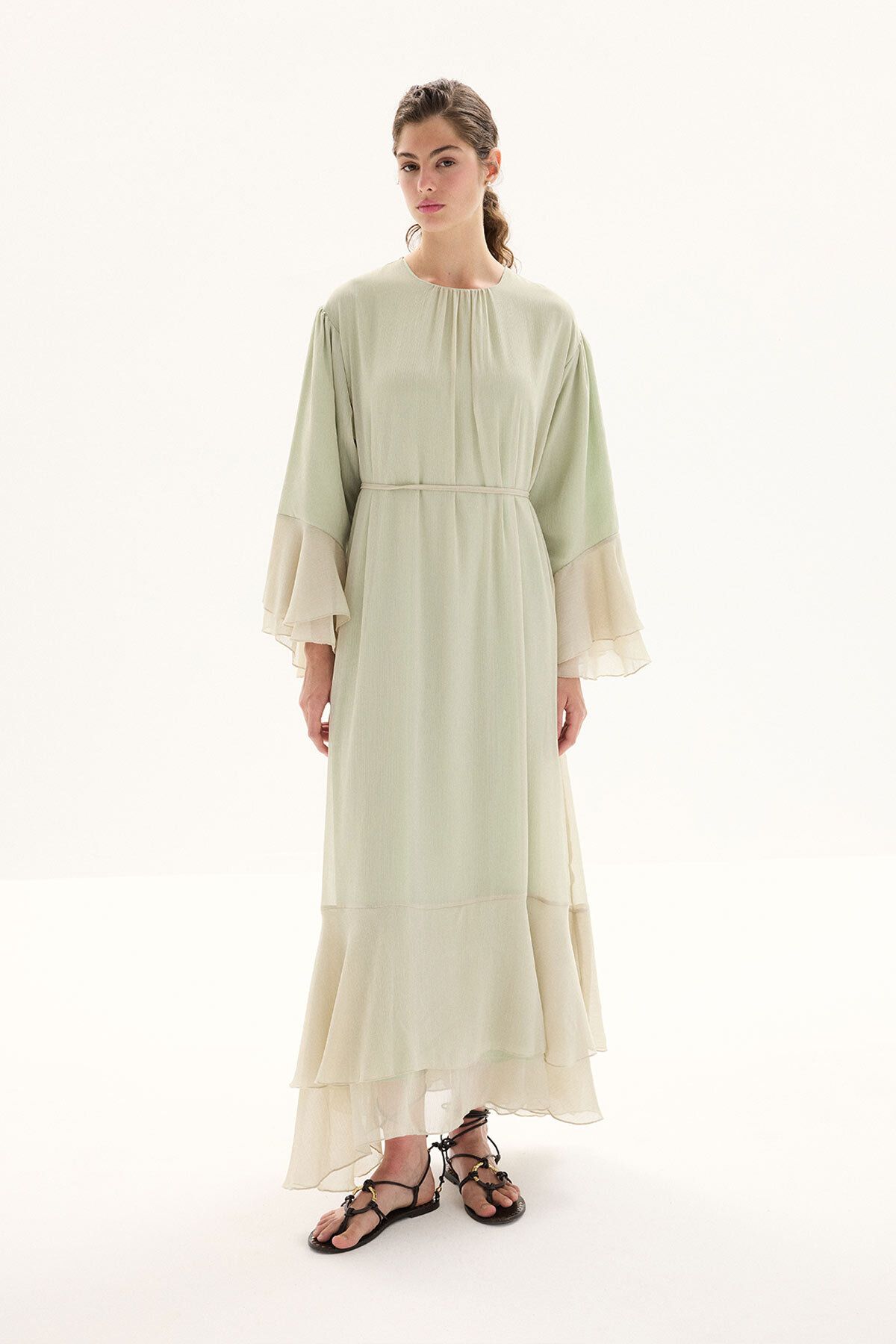 Hooopstore Boho Volanlı Yoryo Şifon Adaçayı Elbise