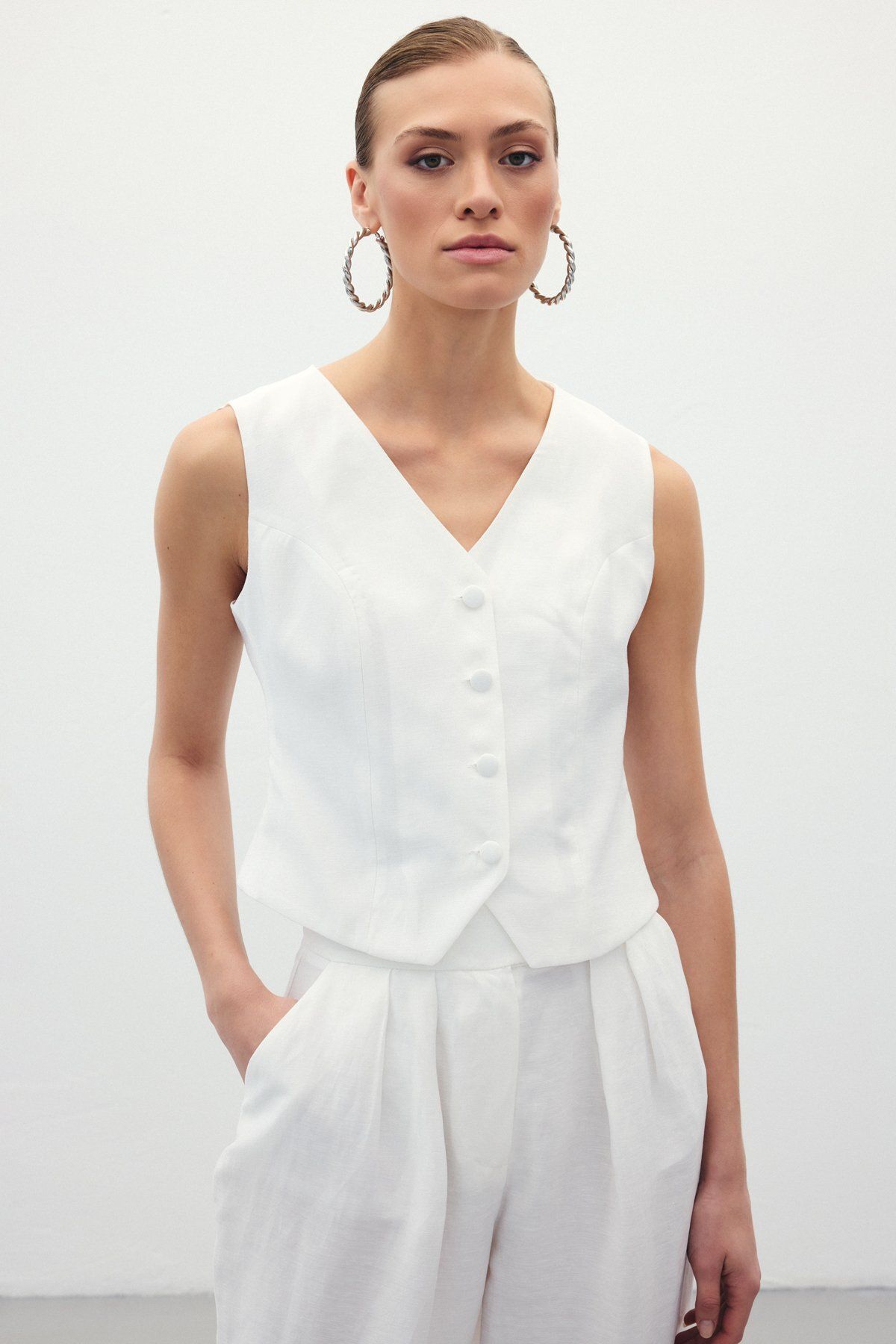 Sateen Keten Yelek - Ekru