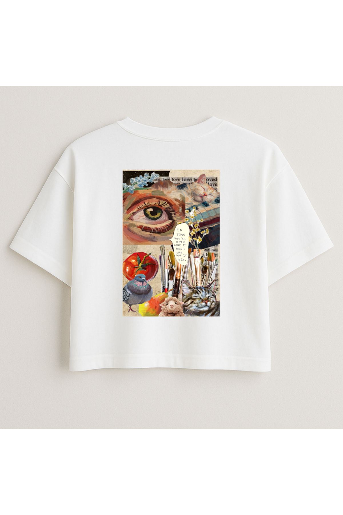 Minou Wear Kolaj Resim Baskılı Özel Tasarım Beyaz Crop Oversize Kadın Tshirt