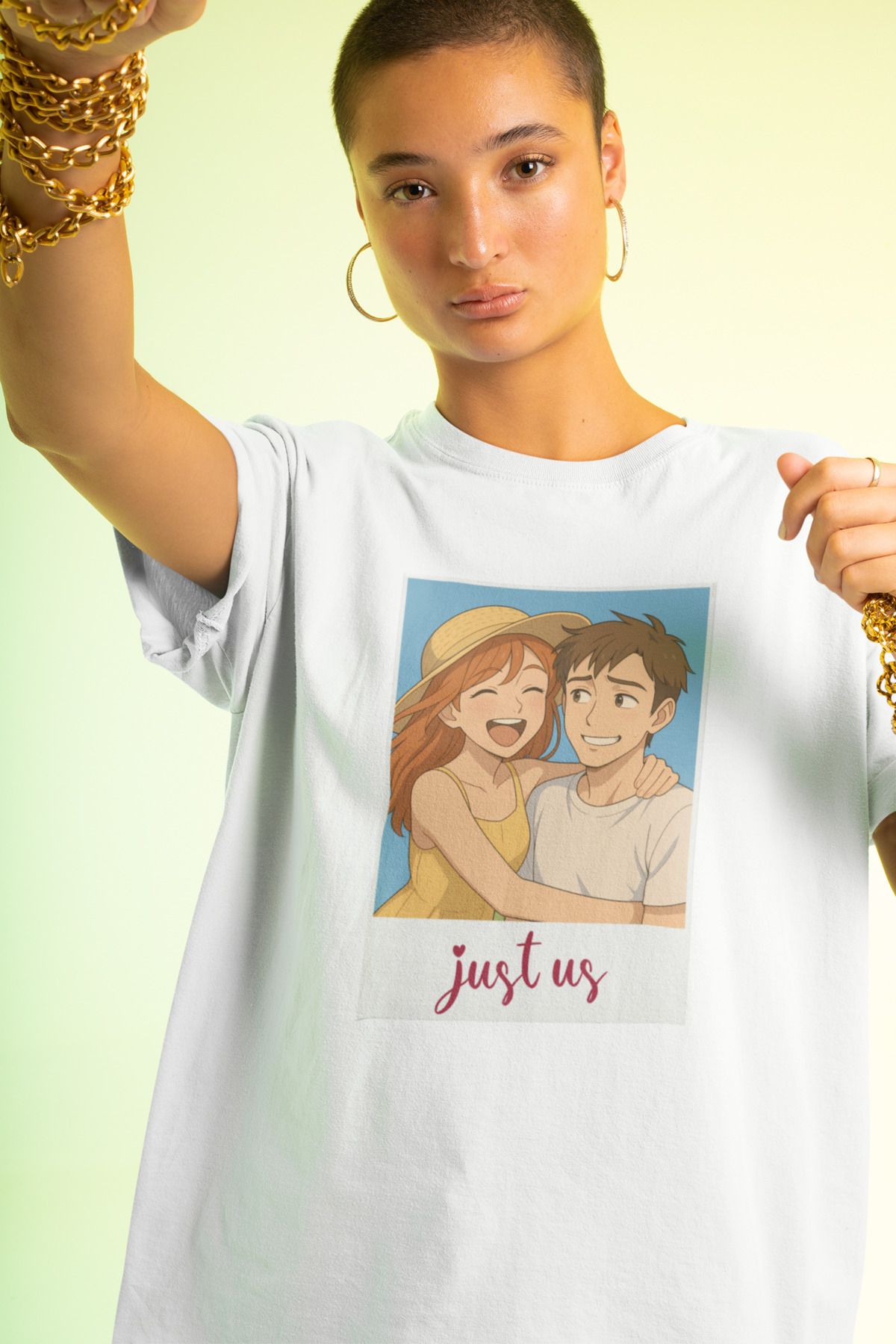 Was Plus Unisex Beyaz Oversize %100 Pamuklu "Just Us" Anime Stil Sevgili T-shirt
