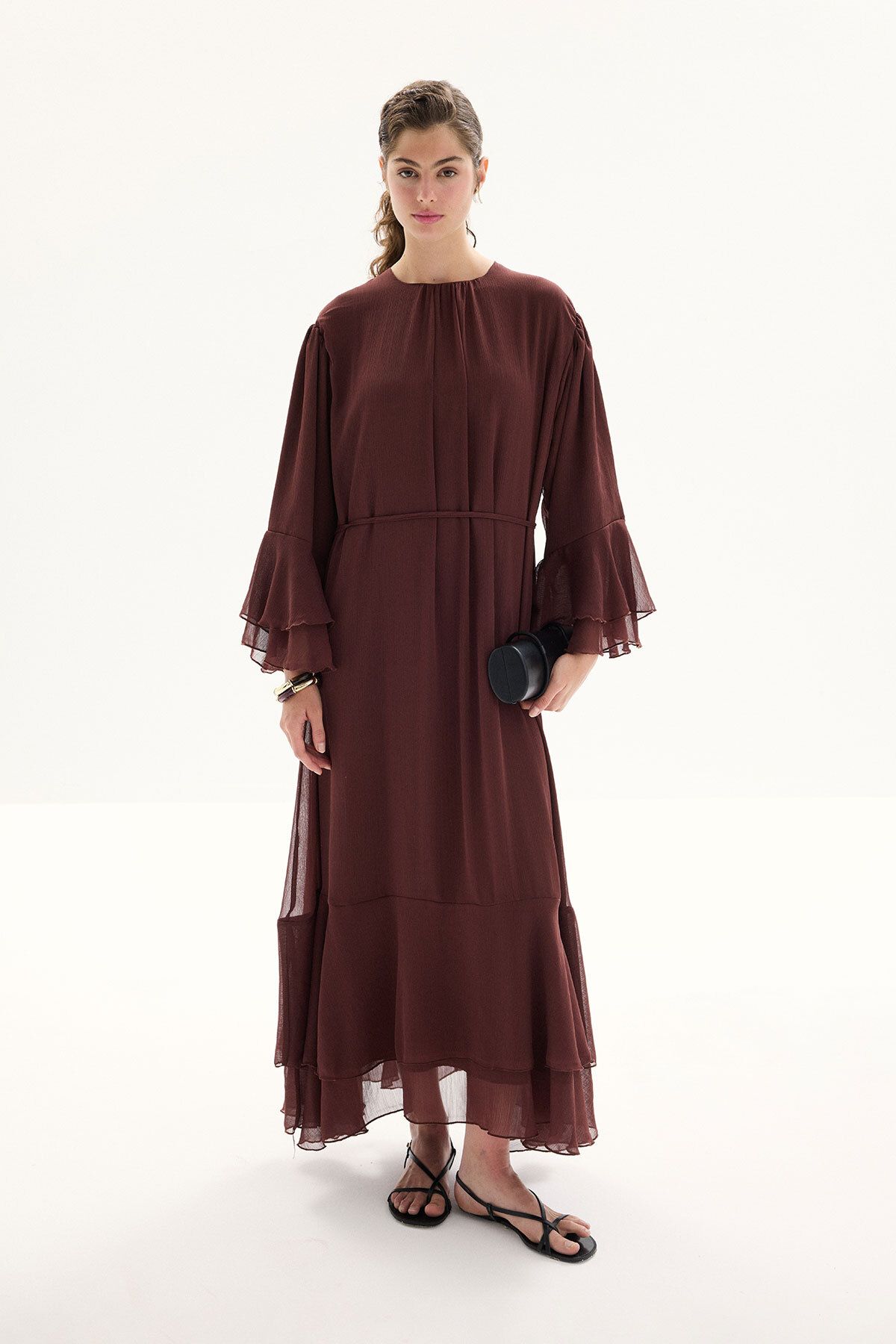 Hooopstore Boho Volanlı Yoryo Şifon Kahve Elbise