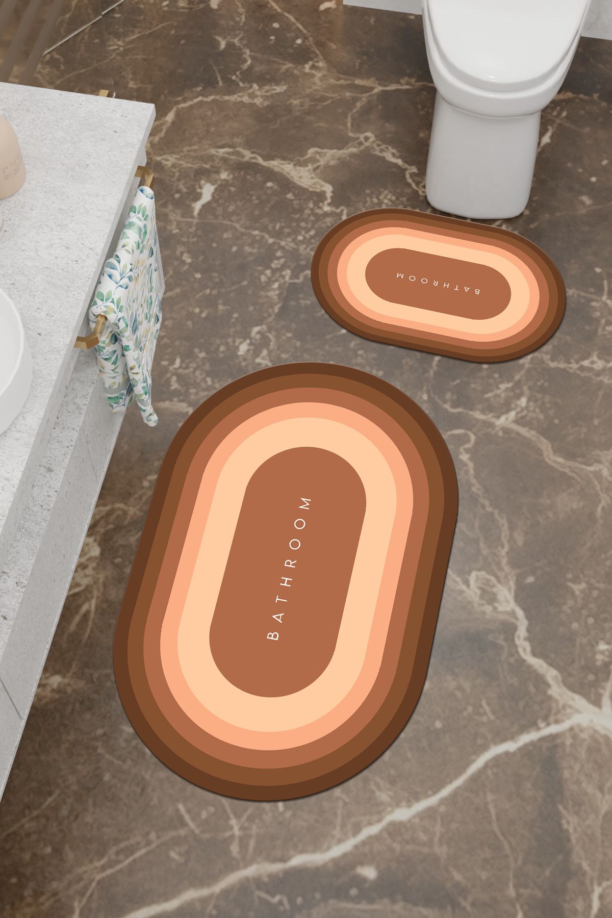 Charmbi Bathroom Desenli Eko Banyo Paspası, Kaymaz Taban, Makinada Yıkanabilir, Dijital Baskı 2'li Set