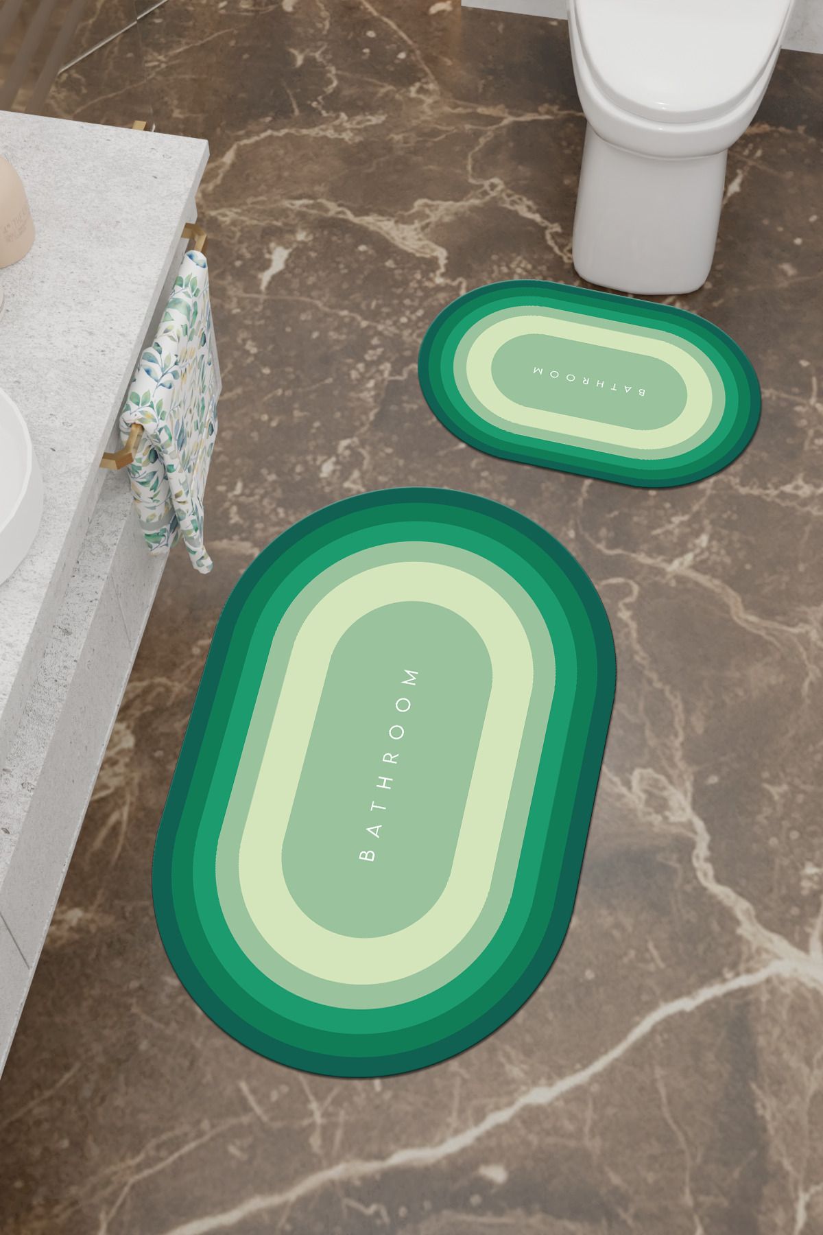 Charmbi Bathroom Desenli Eko Banyo Paspası, Kaymaz Taban, Makinada Yıkanabilir, Dijital Baskı 2'li Set