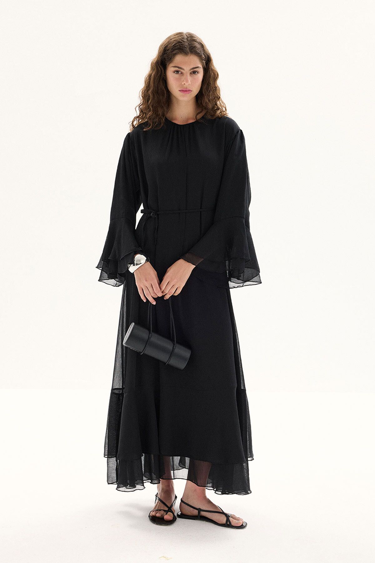 Hooopstore Boho Volanlı Yoryo Şifon Siyah Elbise
