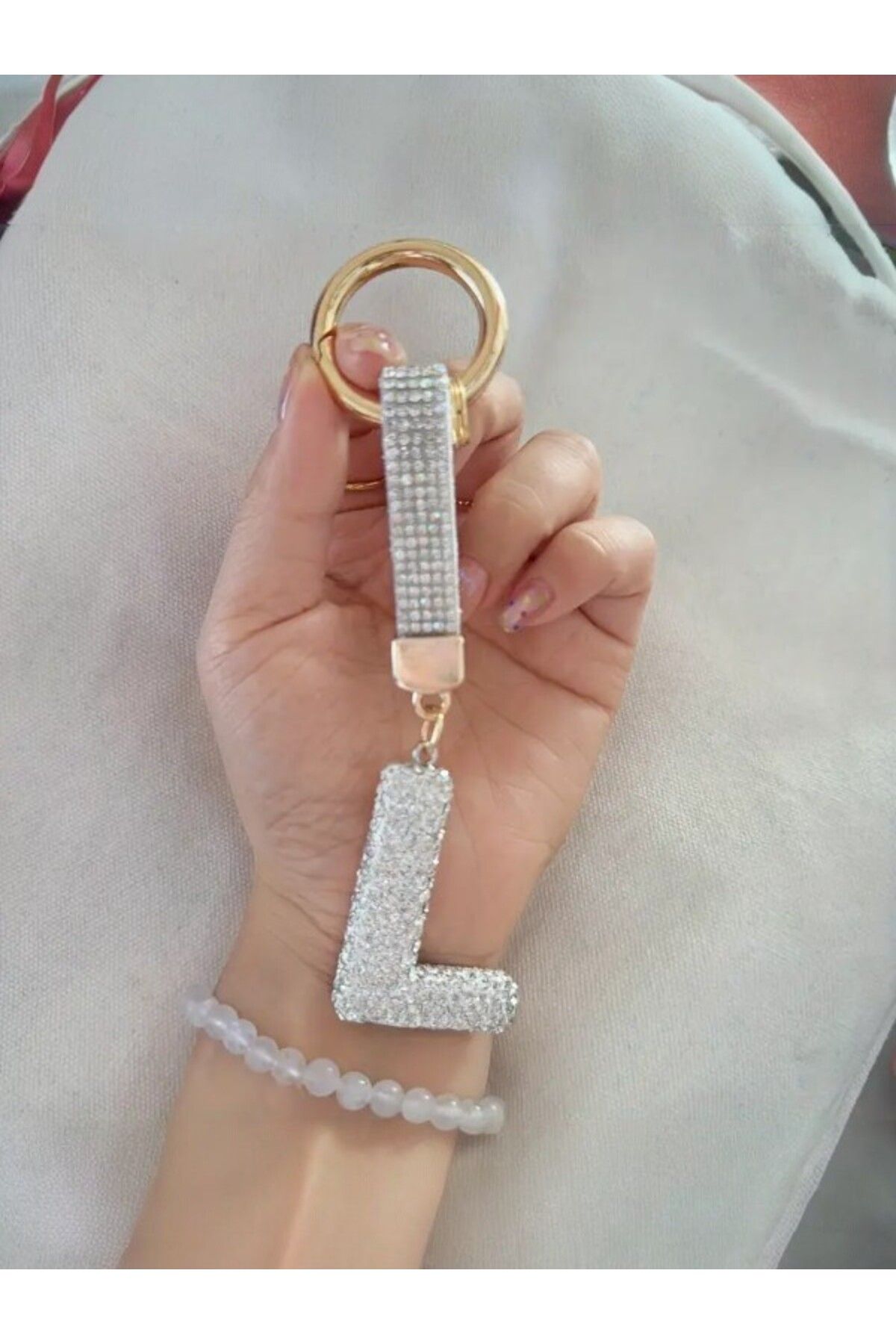 Mansura L Harfi Beyaz Taşlı Harf Anahtarlık, Çanta Charmı VIP Seri