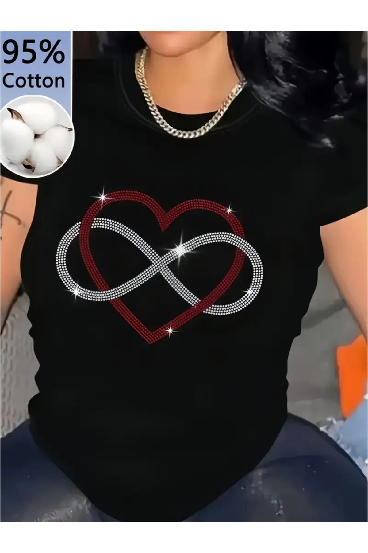 CLASİVA Sonsuz kalp Baskılı Unisex Oversize Bisiklet Yaka T-shirt